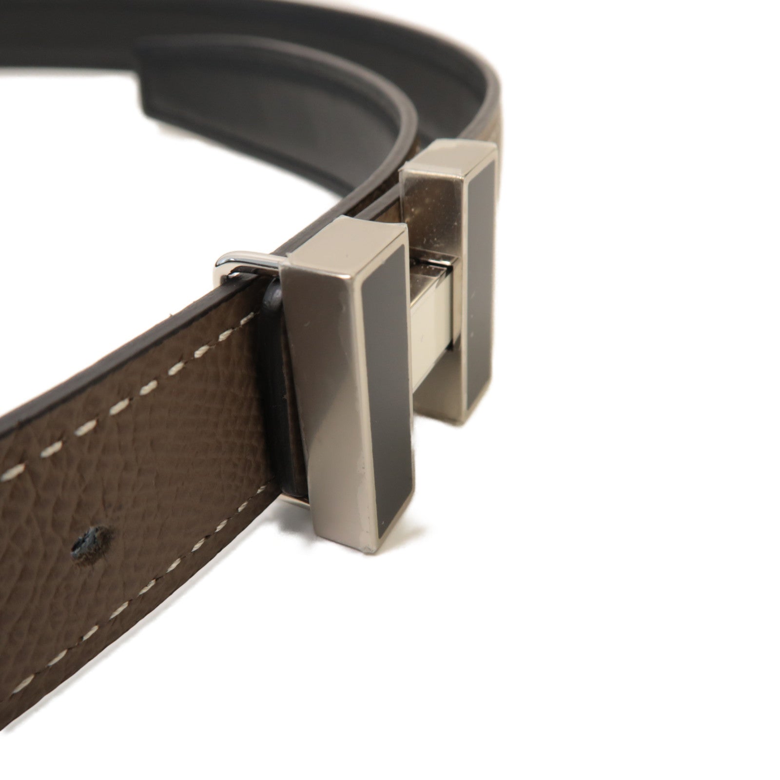 HERMES Epsom/Swift皮革Belt 85cm銀扣皮帶米色/黒色
