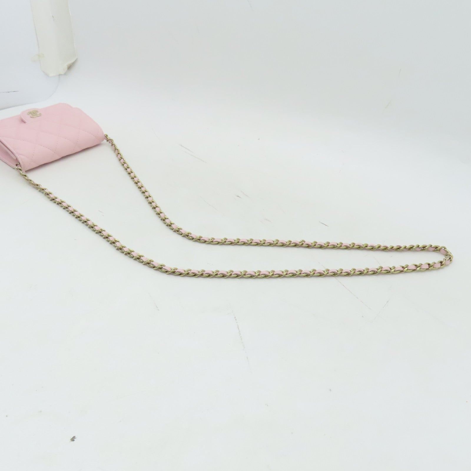 CHANEL 菱格牛皮皮革Chain Shoulder金扣鏈帶肩背袋粉紅色
