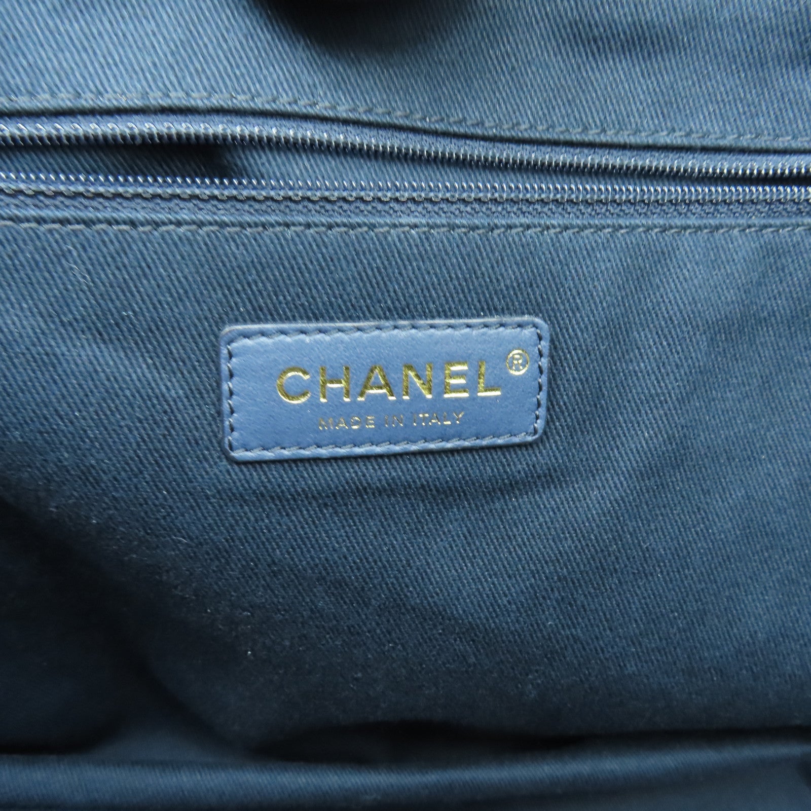 CHANEL 帆布Deauville Tote金扣肩背袋藍色
