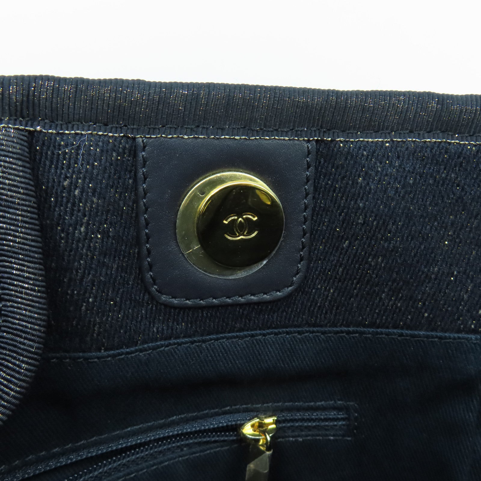 CHANEL 帆布Deauville Tote金扣肩背袋藍色