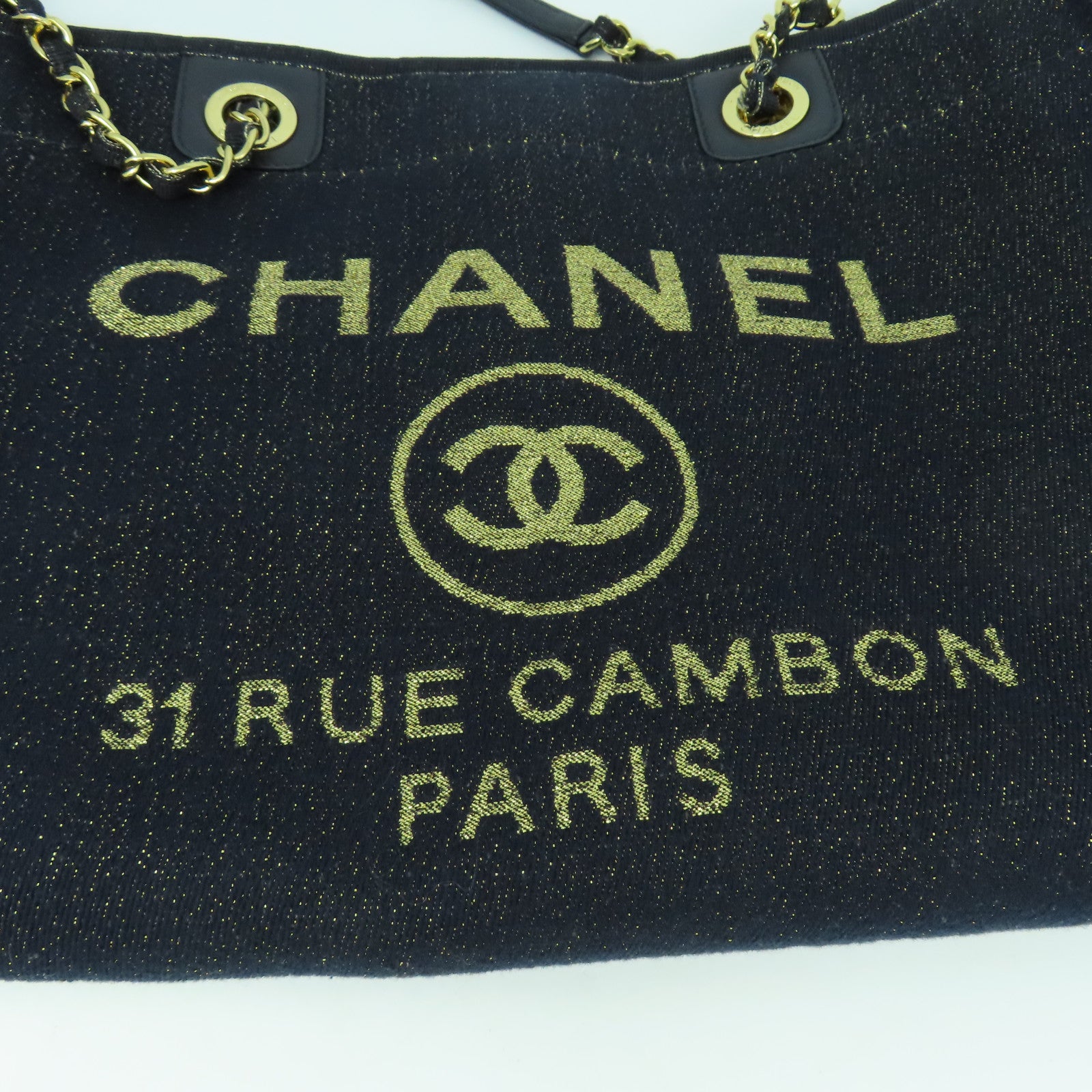 CHANEL 帆布Deauville Tote金扣肩背袋藍色