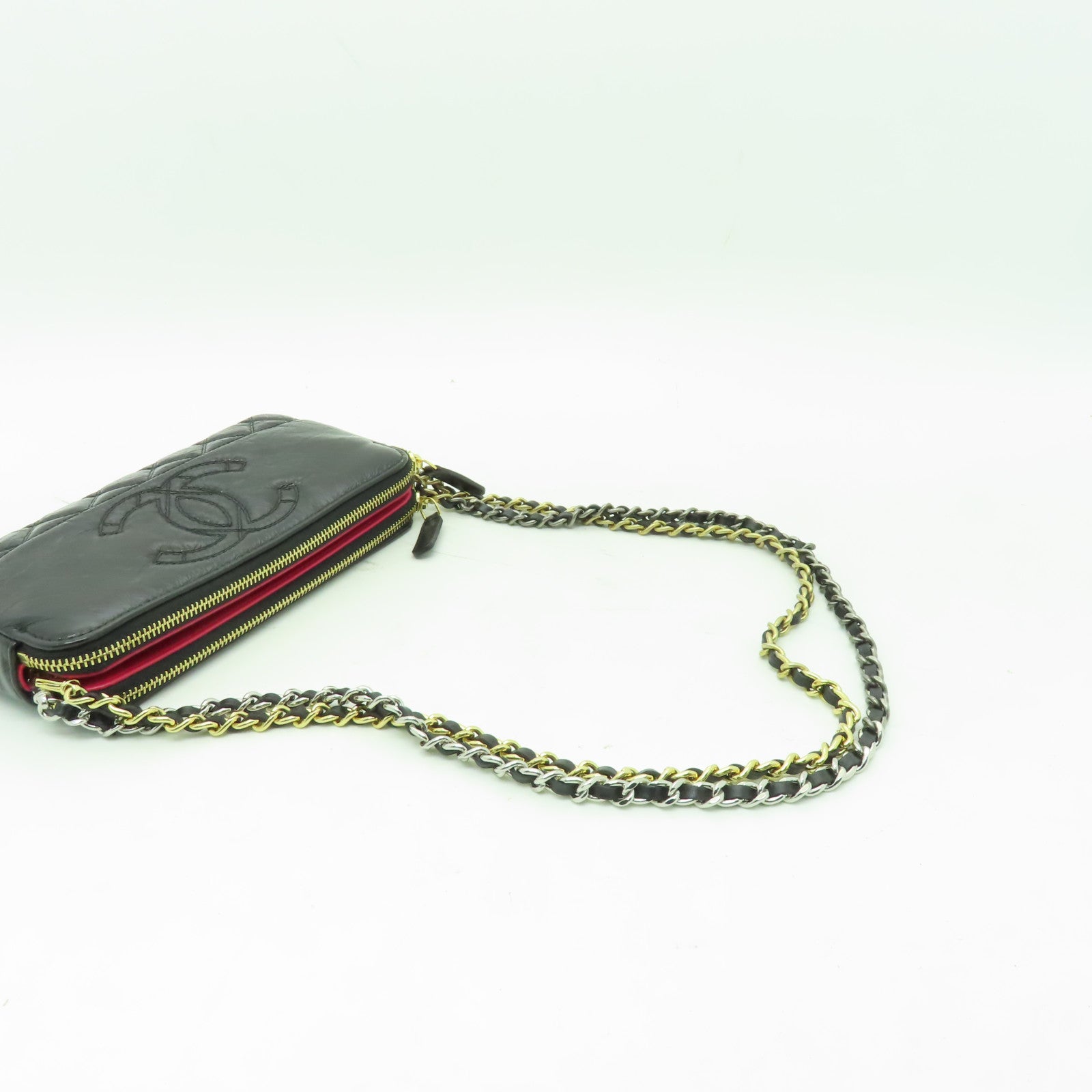 CHANEL 菱格牛皮皮革Double Zip WOC金扣鏈帶肩背袋黒色