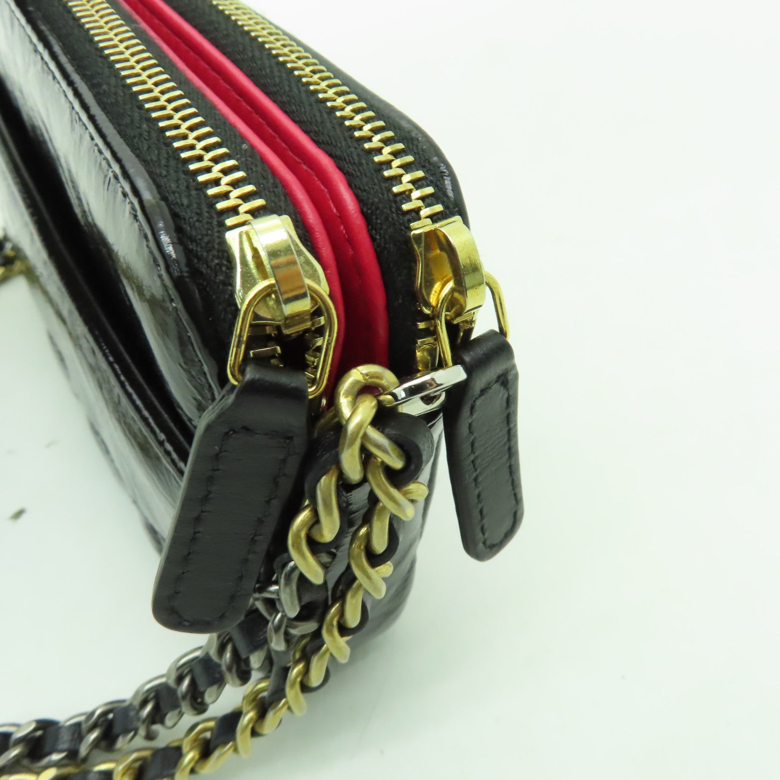 CHANEL 菱格牛皮皮革Double Zip WOC金扣鏈帶肩背袋黒色