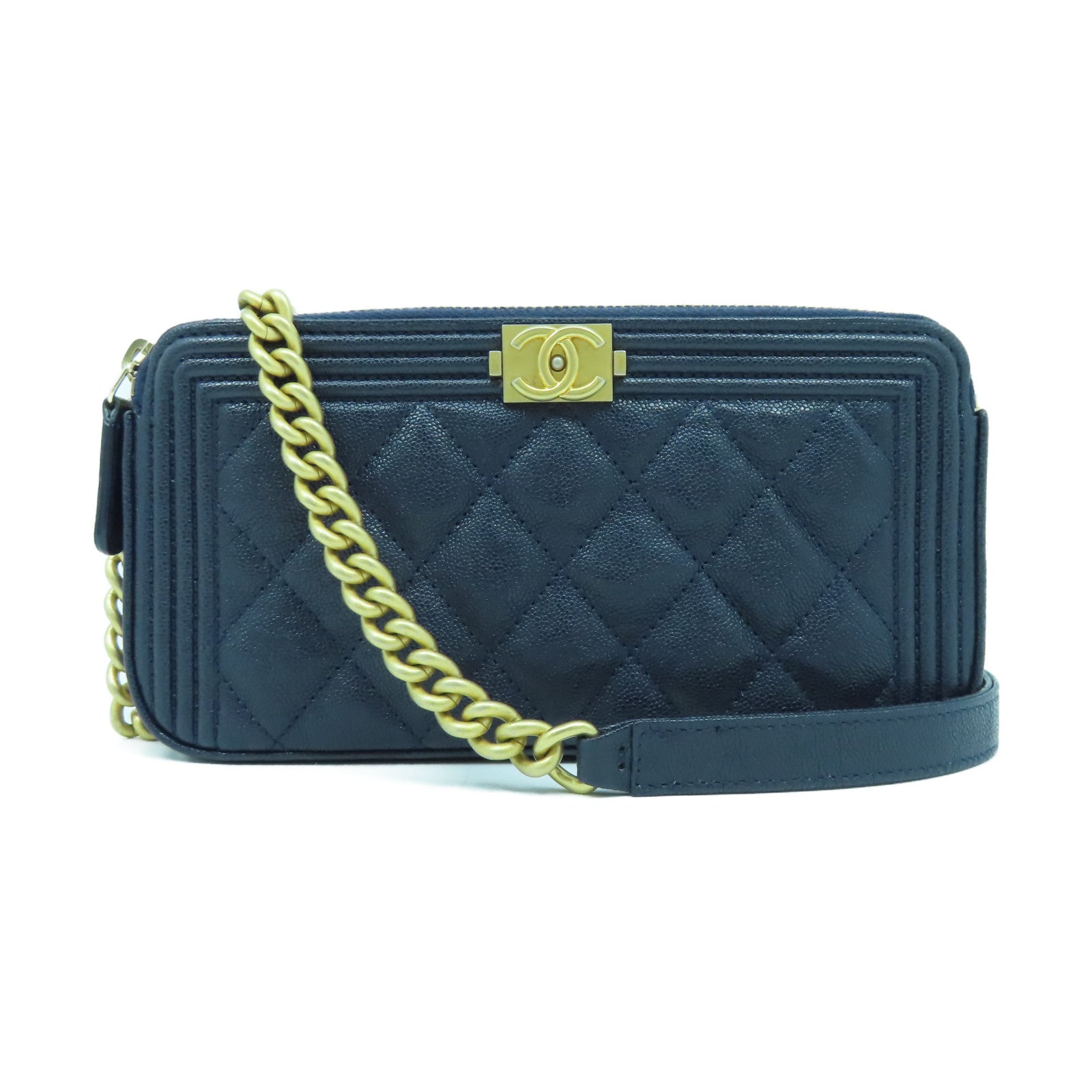 CHANEL 菱格Caviar皮革Boy Chain Shoulder金扣鏈帶肩背袋深藍色