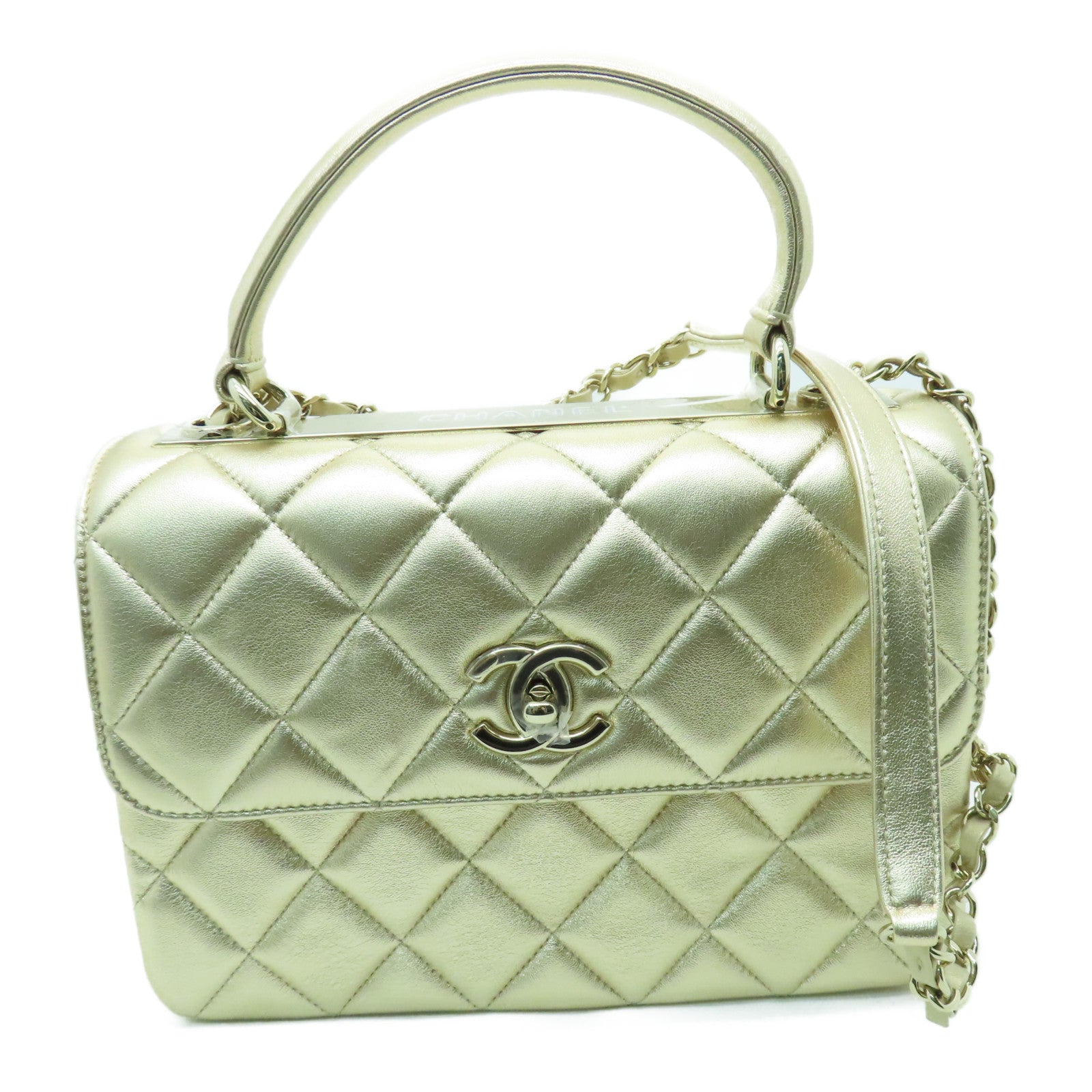CHANEL 牛皮皮革Shoulder Bag金扣手挽肩背兩用袋金色
