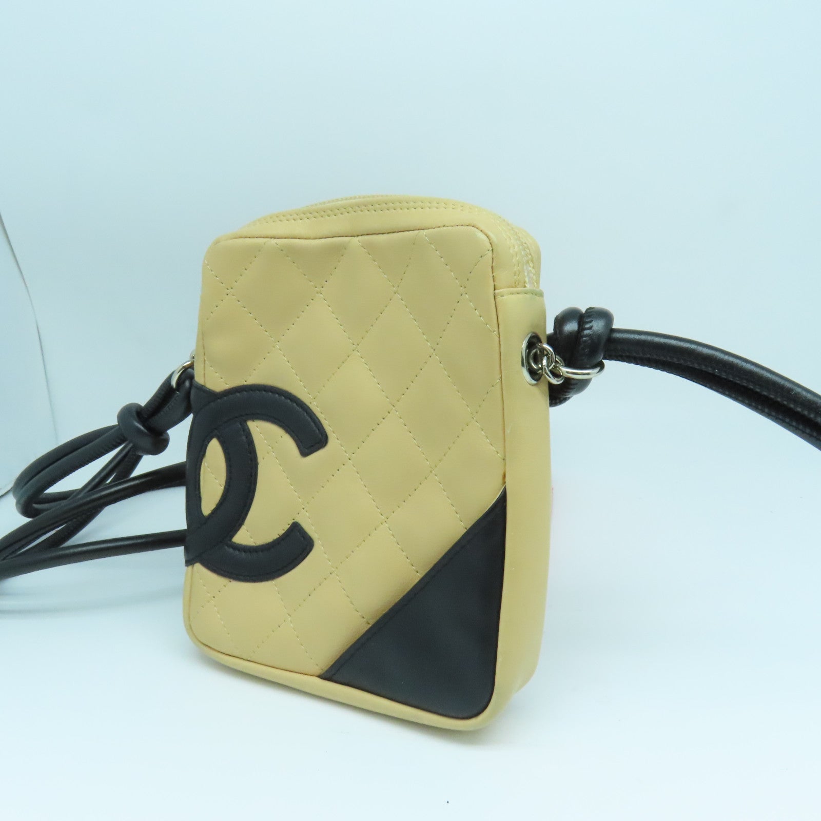 CHANEL sheepskin leather Cambon Crossbody Bag silver buckle shoulder bag beige
