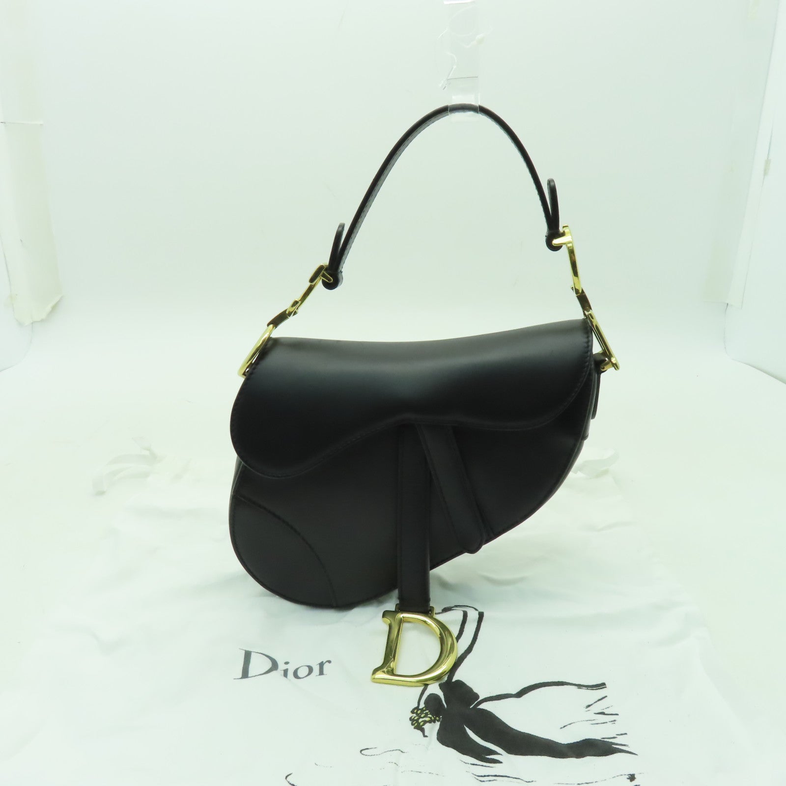 Dior 牛皮皮革Mini Saddle金扣手挽袋黒色