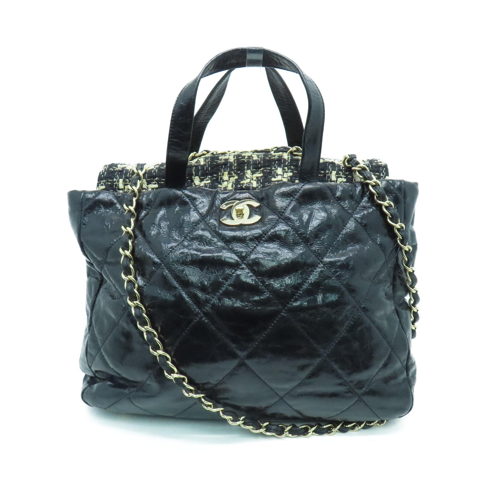 CHANEL 菱格牛皮皮革/斜紋軟呢Portobello Shoulder Bag金扣鏈帶肩背袋黑色