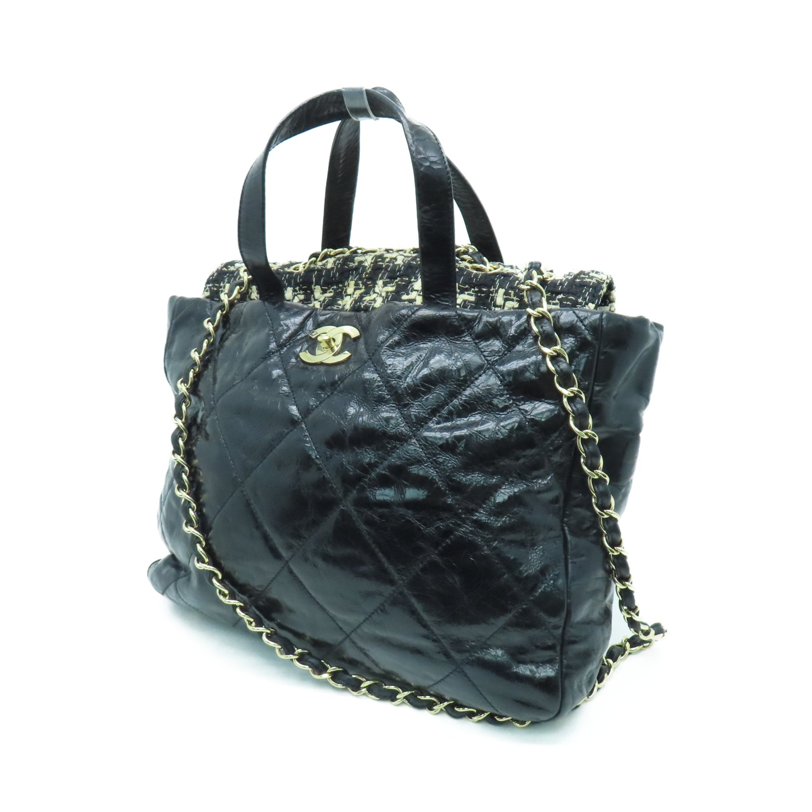 CHANEL 菱格牛皮皮革/斜紋軟呢Portobello Shoulder Bag金扣鏈帶肩背袋黑色