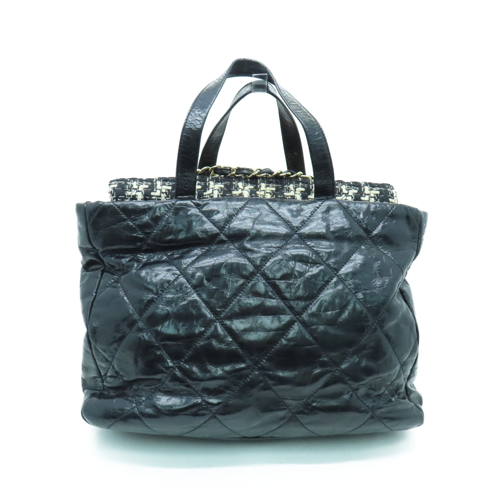 CHANEL 菱格牛皮皮革/斜紋軟呢Portobello Shoulder Bag金扣鏈帶肩背袋黑色