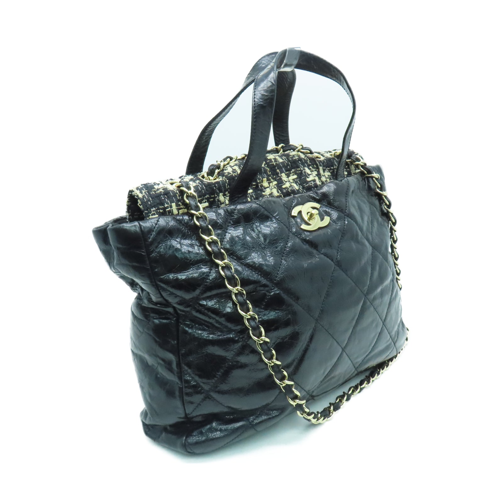 CHANEL 菱格牛皮皮革/斜紋軟呢Portobello Shoulder Bag金扣鏈帶肩背袋黑色