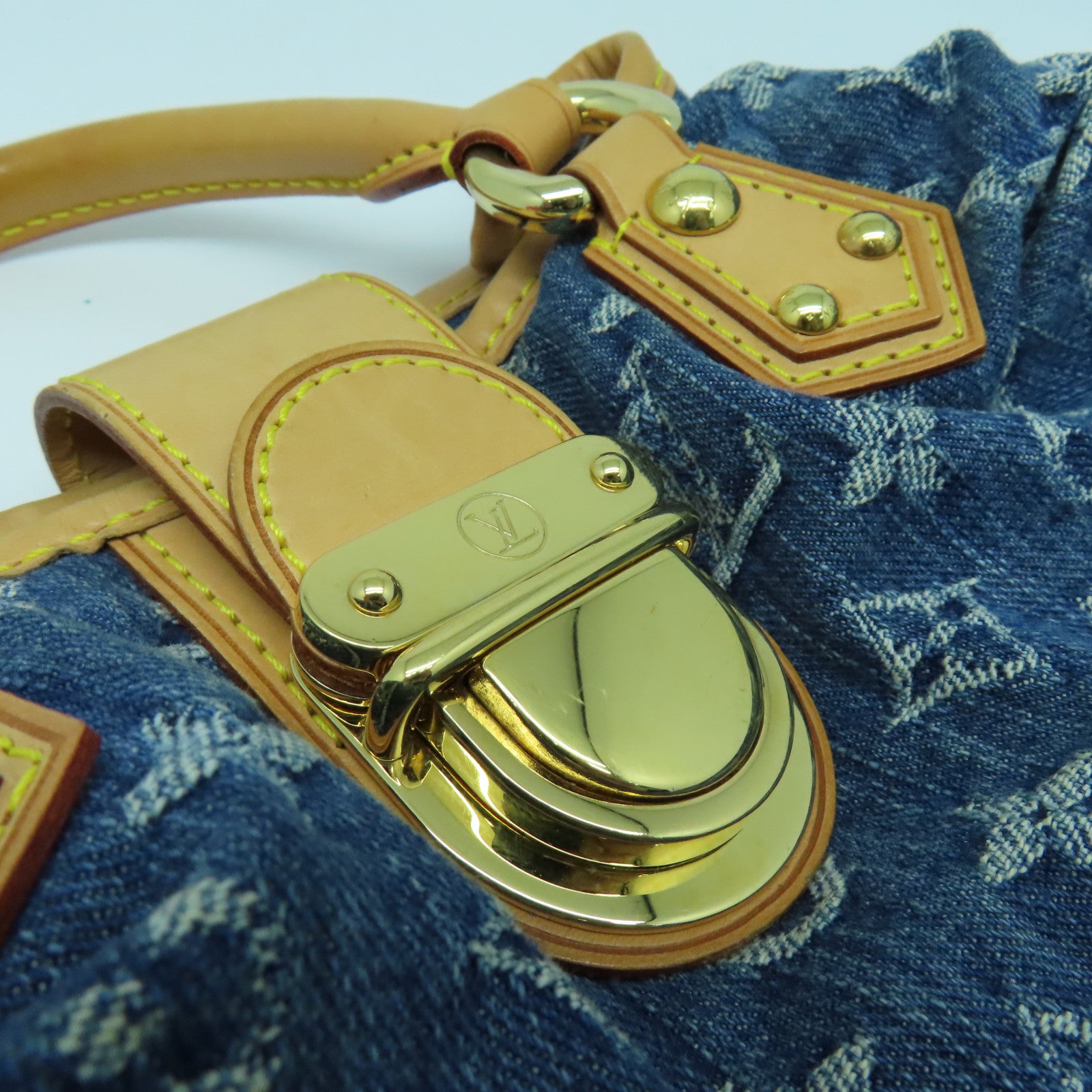 LOUIS VUITTON Monogram Denim Pleaty Gold Buckle Hand Bag Blue