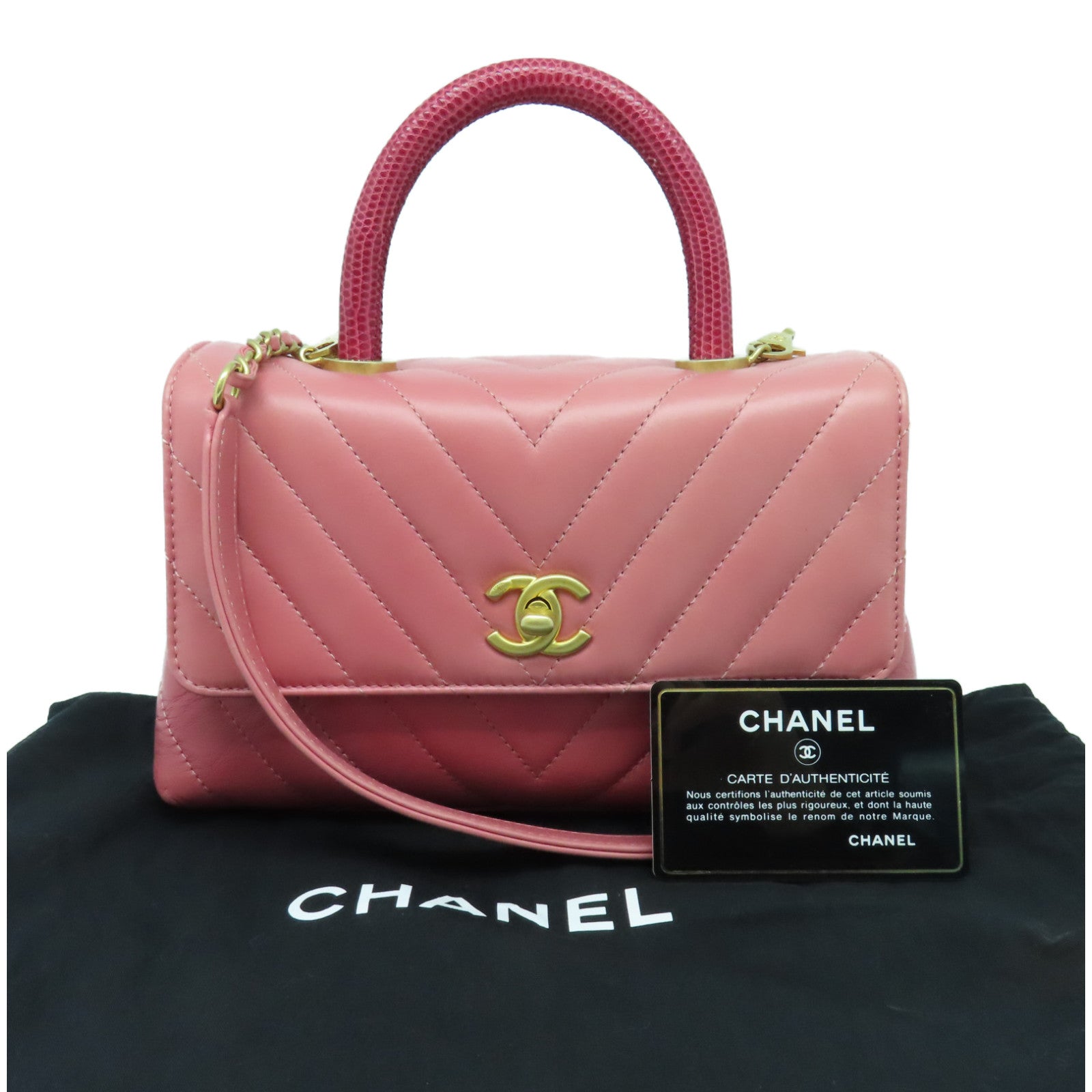 CHANEL 斜纹牛皮皮革Small Coco Handle金扣链带肩背袋粉红色