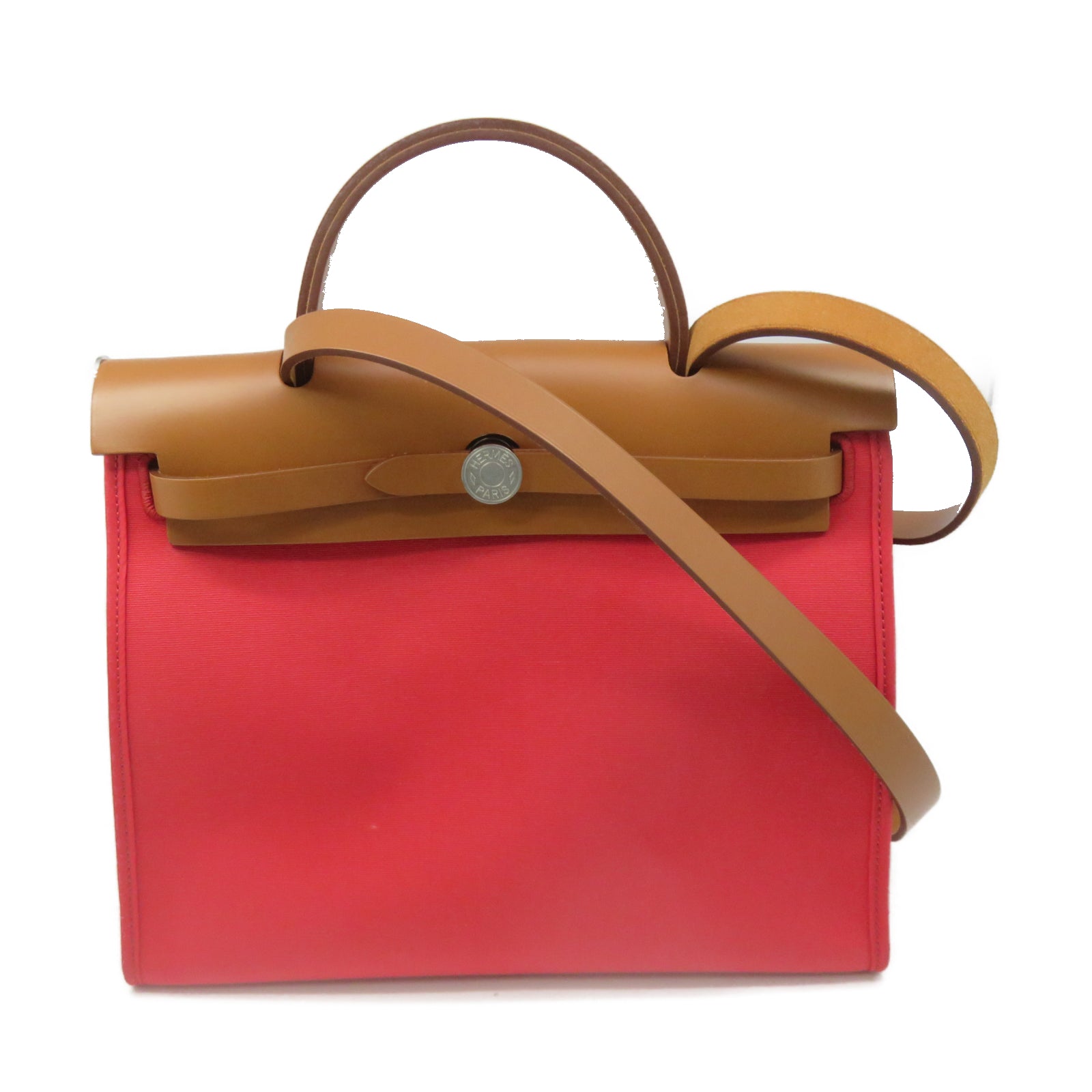 HERMES 帆布Herbag PM銀扣手挽肩背兩用袋紅色/棕色