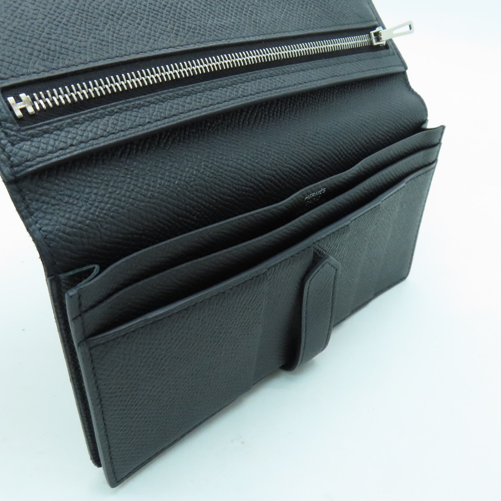 HERMES Epsom皮革Bearn Long Wallet銀扣長錢包黑色