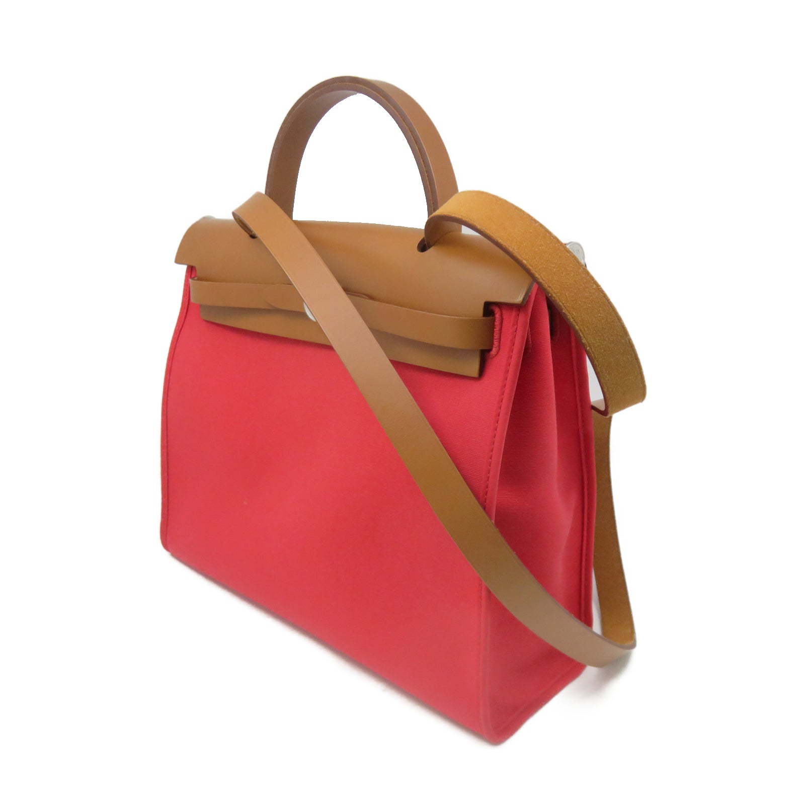 HERMES 帆布Herbag PM銀扣手挽肩背兩用袋紅色/棕色