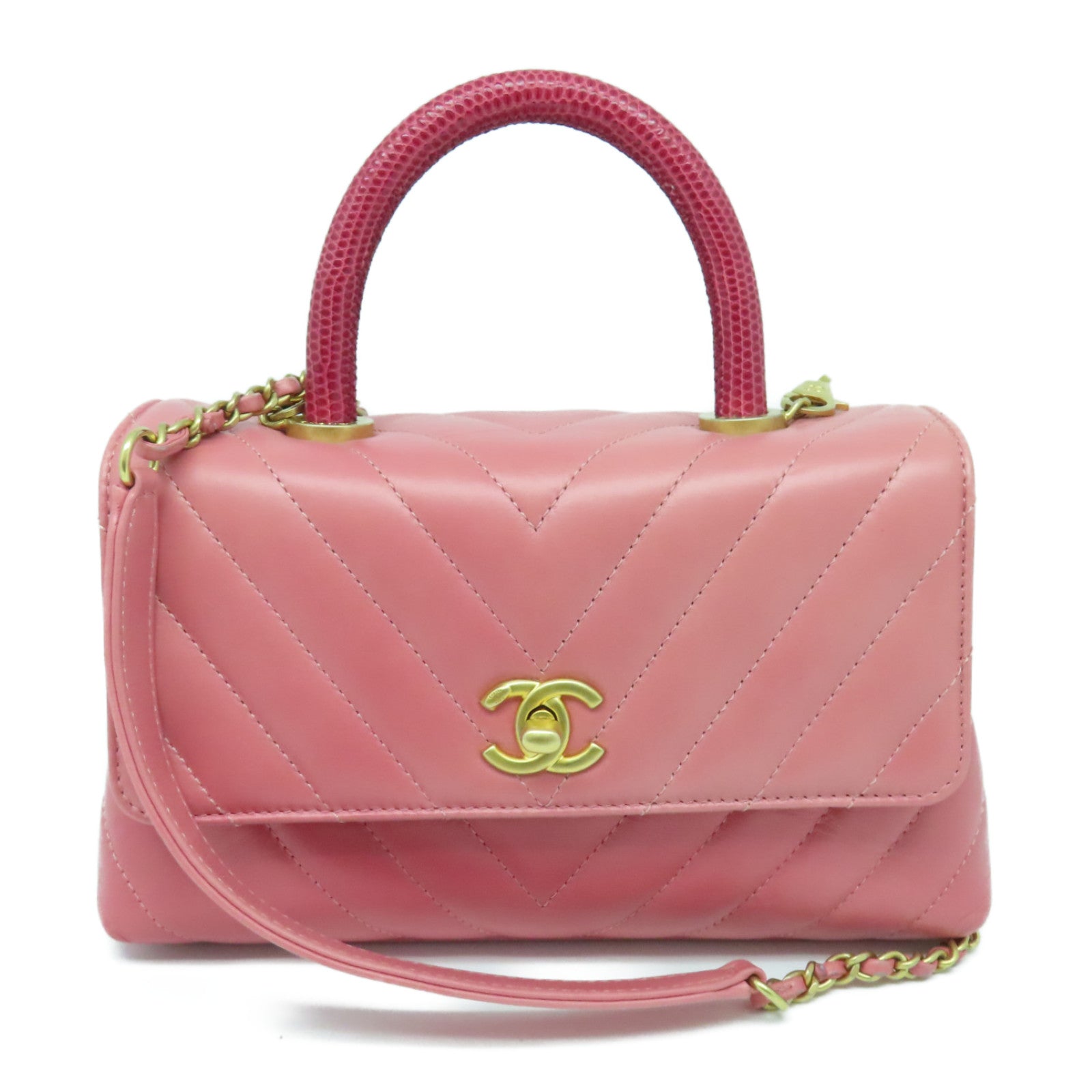 CHANEL 斜纹牛皮皮革Small Coco Handle金扣链带肩背袋粉红色