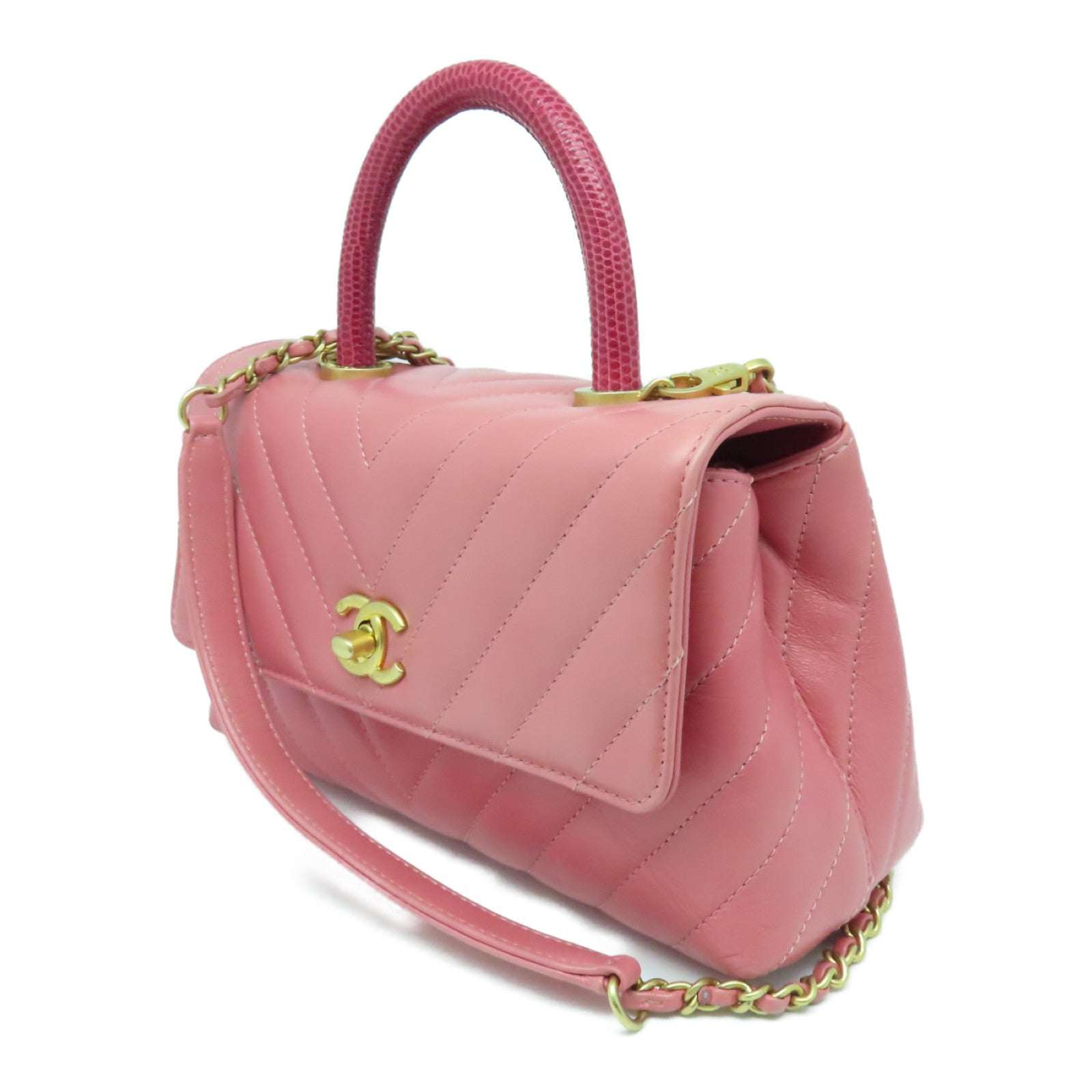 CHANEL 斜纹牛皮皮革Small Coco Handle金扣链带肩背袋粉红色