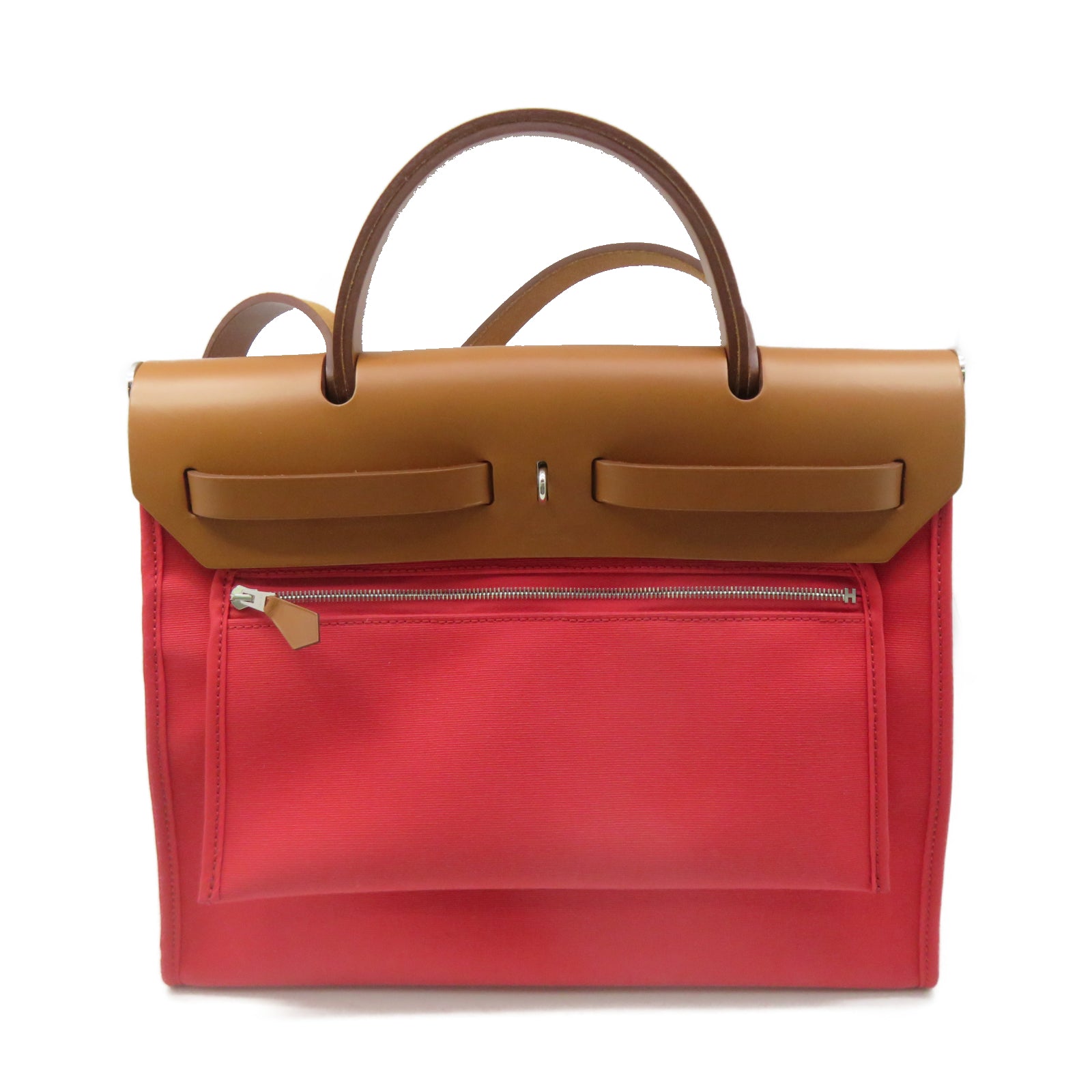 HERMES 帆布Herbag PM銀扣手挽肩背兩用袋紅色/棕色