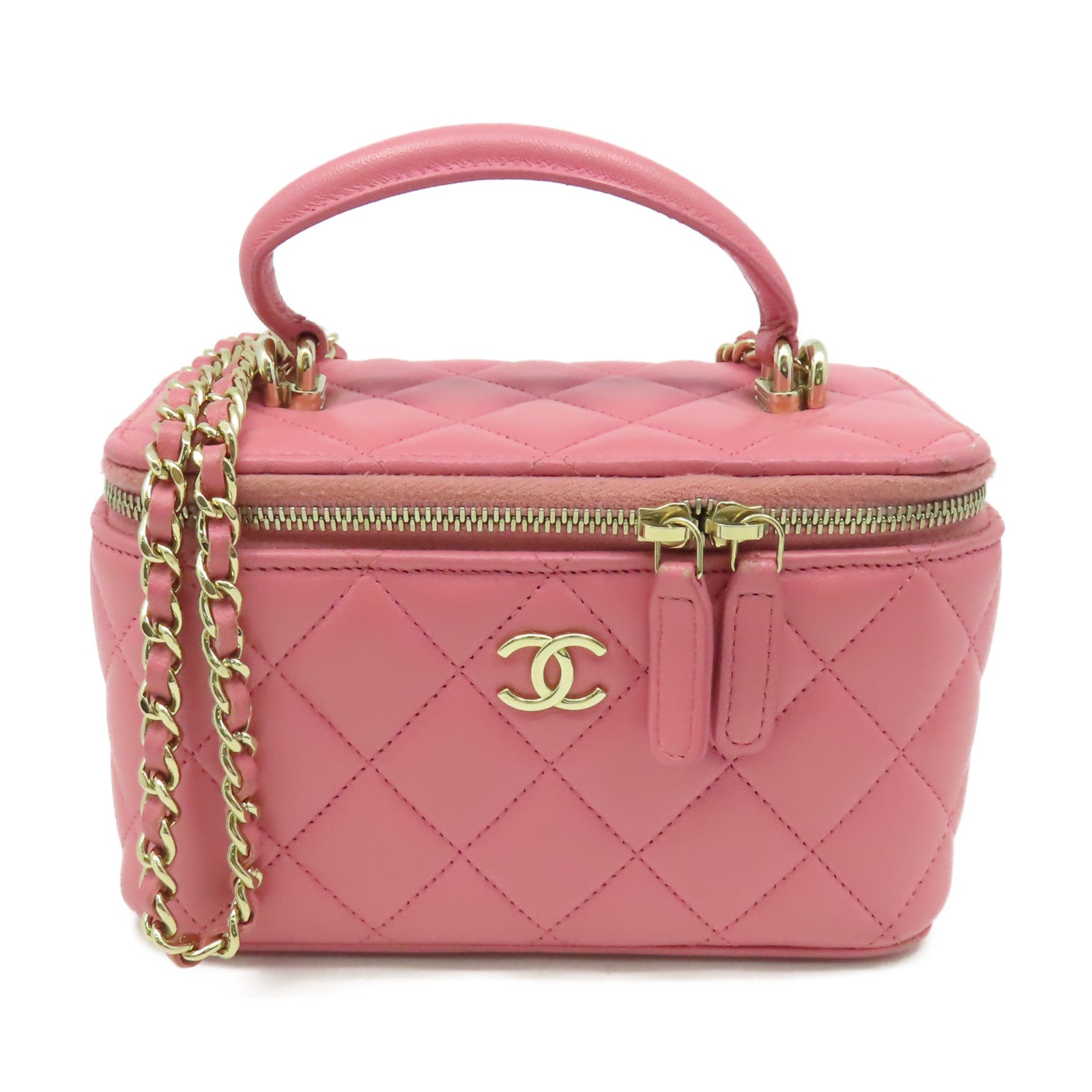 CHANEL 菱格牛皮皮革Vanity Rectangular Chain Shoulder Bag金扣鏈帶肩背化妝包粉紅色