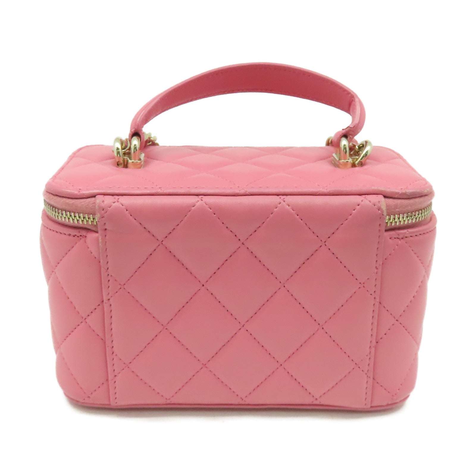 CHANEL 菱格牛皮皮革Vanity Rectangular Chain Shoulder Bag金扣鏈帶肩背化妝包粉紅色