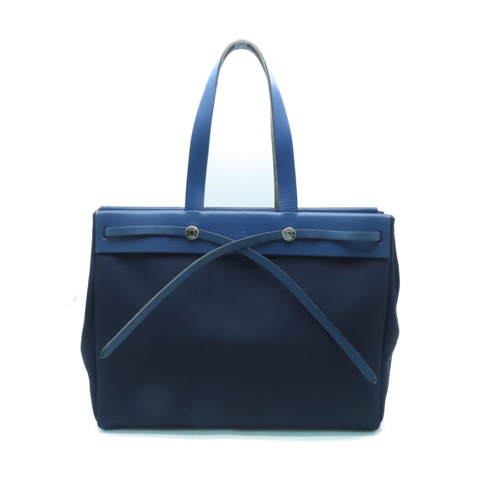 HERMES canvas Herbag Cabas silver buckle handle bag dark blue