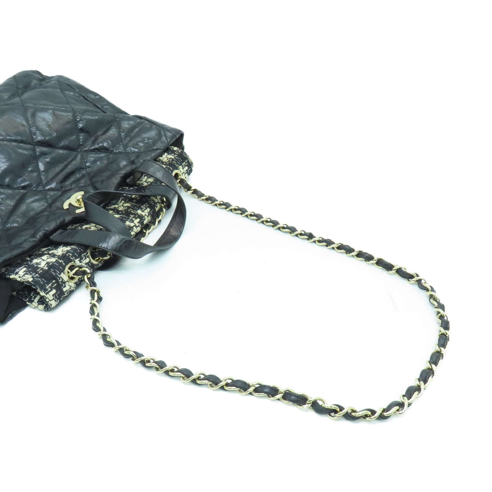 CHANEL 菱格牛皮皮革/斜紋軟呢Portobello Shoulder Bag金扣鏈帶肩背袋黑色