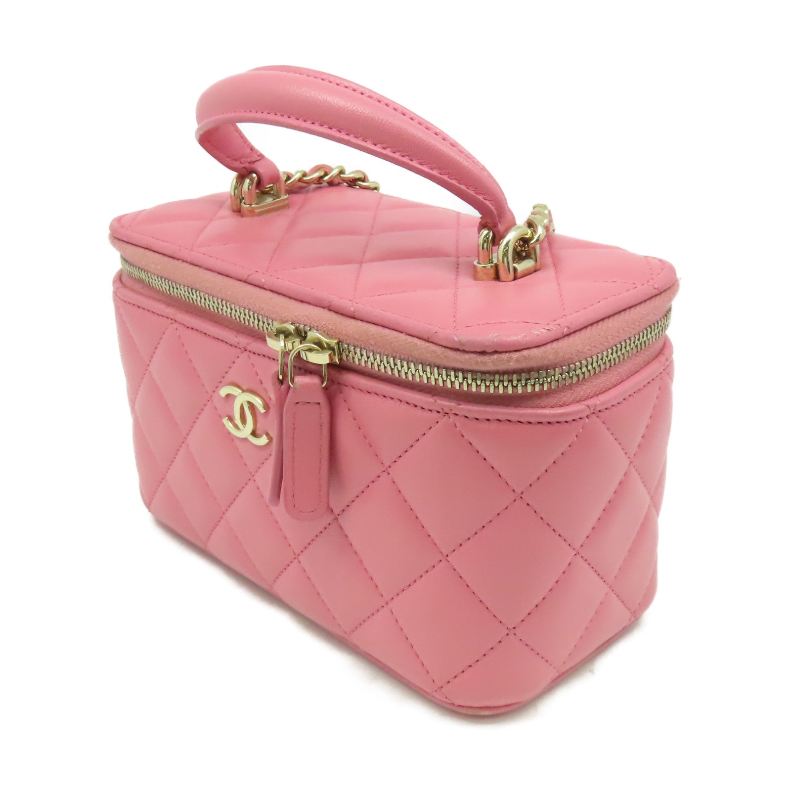 CHANEL 菱格牛皮皮革Vanity Rectangular Chain Shoulder Bag金扣鏈帶肩背化妝包粉紅色