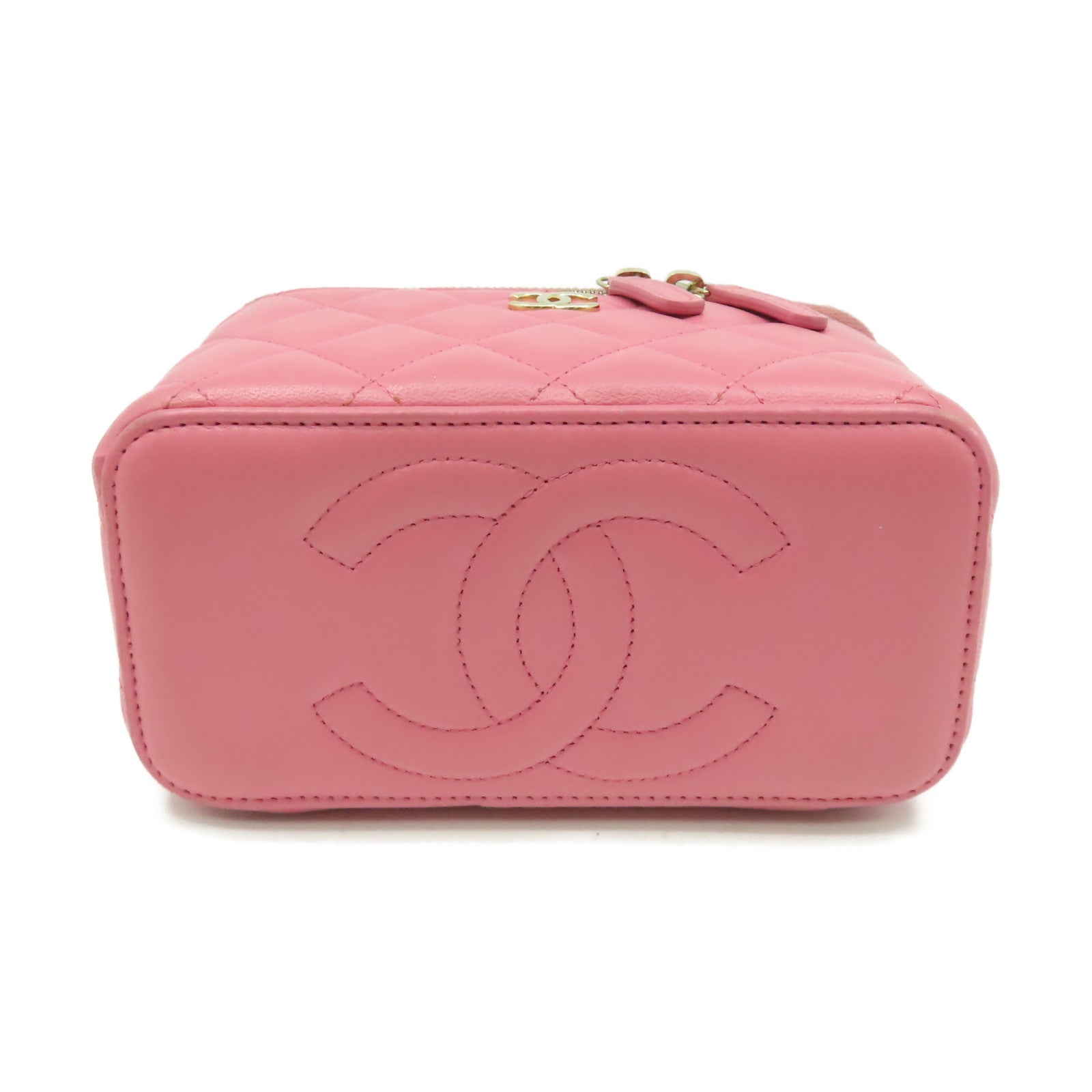 CHANEL 菱格牛皮皮革Vanity Rectangular Chain Shoulder Bag金扣鏈帶肩背化妝包粉紅色