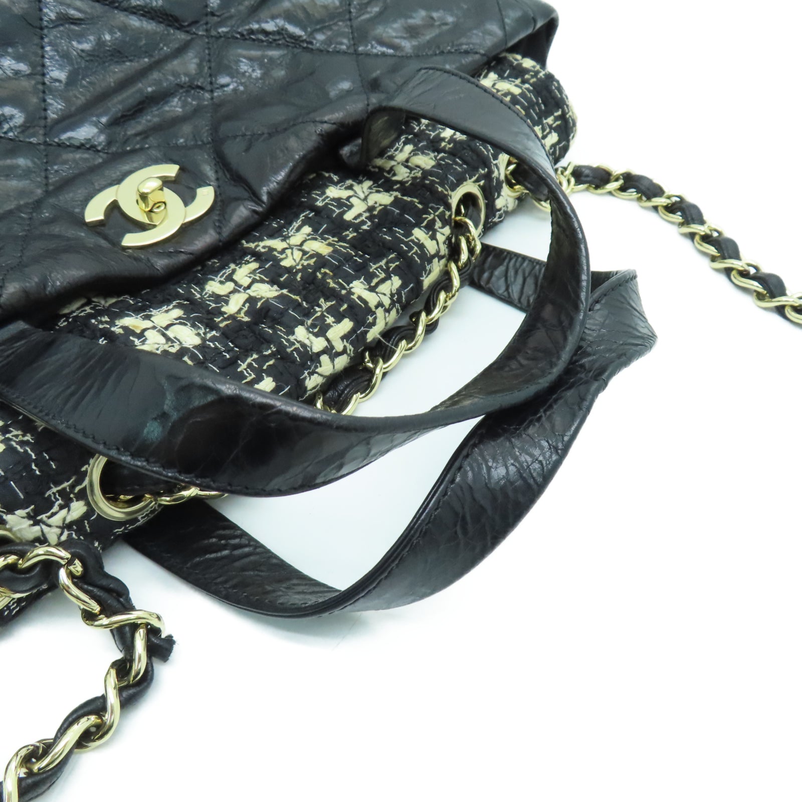 CHANEL 菱格牛皮皮革/斜紋軟呢Portobello Shoulder Bag金扣鏈帶肩背袋黑色