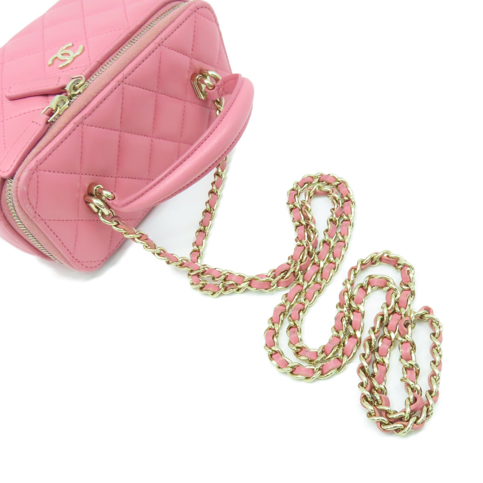 CHANEL 菱格牛皮皮革Vanity Rectangular Chain Shoulder Bag金扣鏈帶肩背化妝包粉紅色
