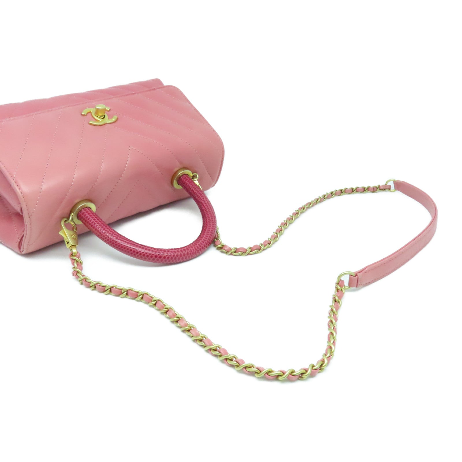 CHANEL 斜纹牛皮皮革Small Coco Handle金扣链带肩背袋粉红色