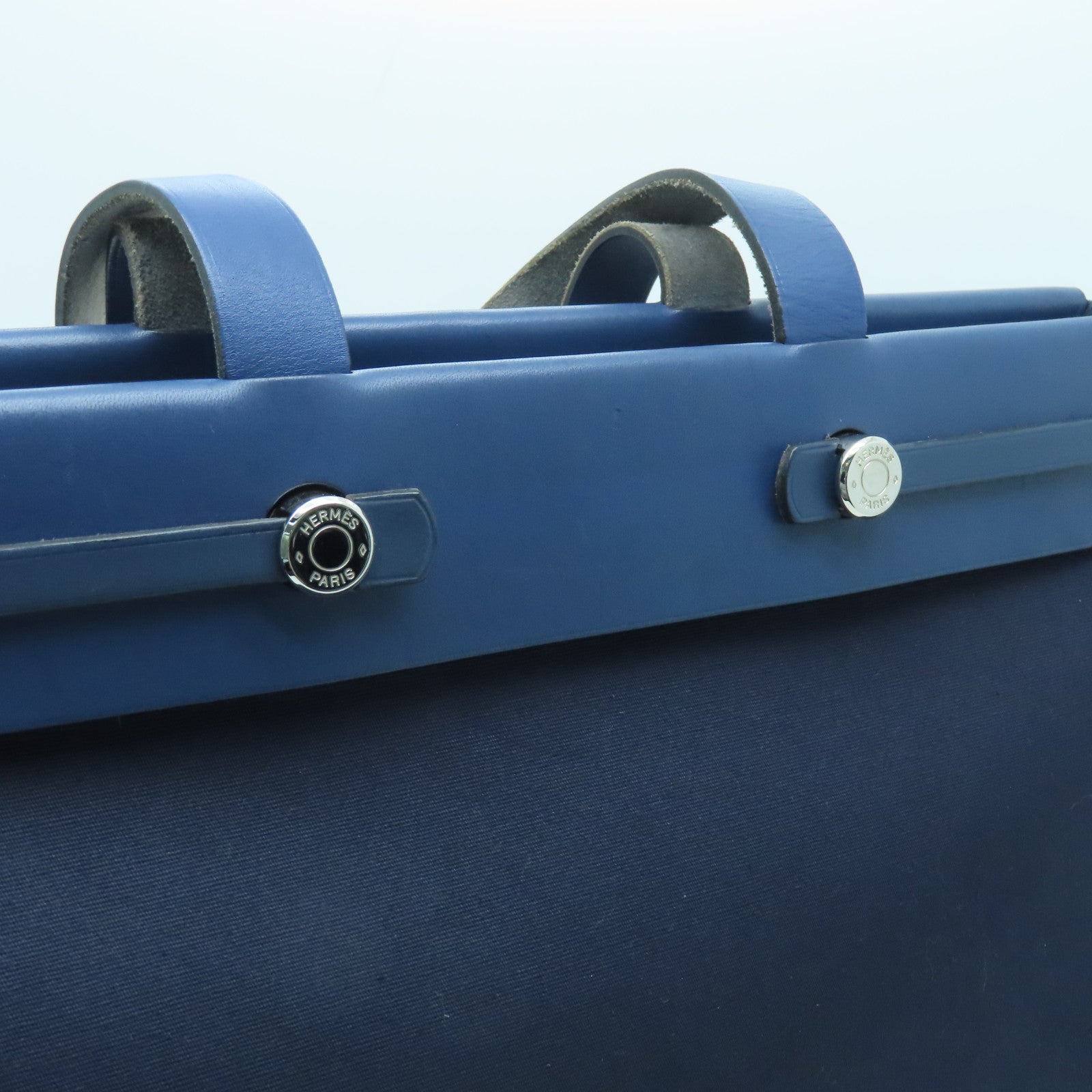HERMES canvas Herbag Cabas silver buckle handle bag dark blue
