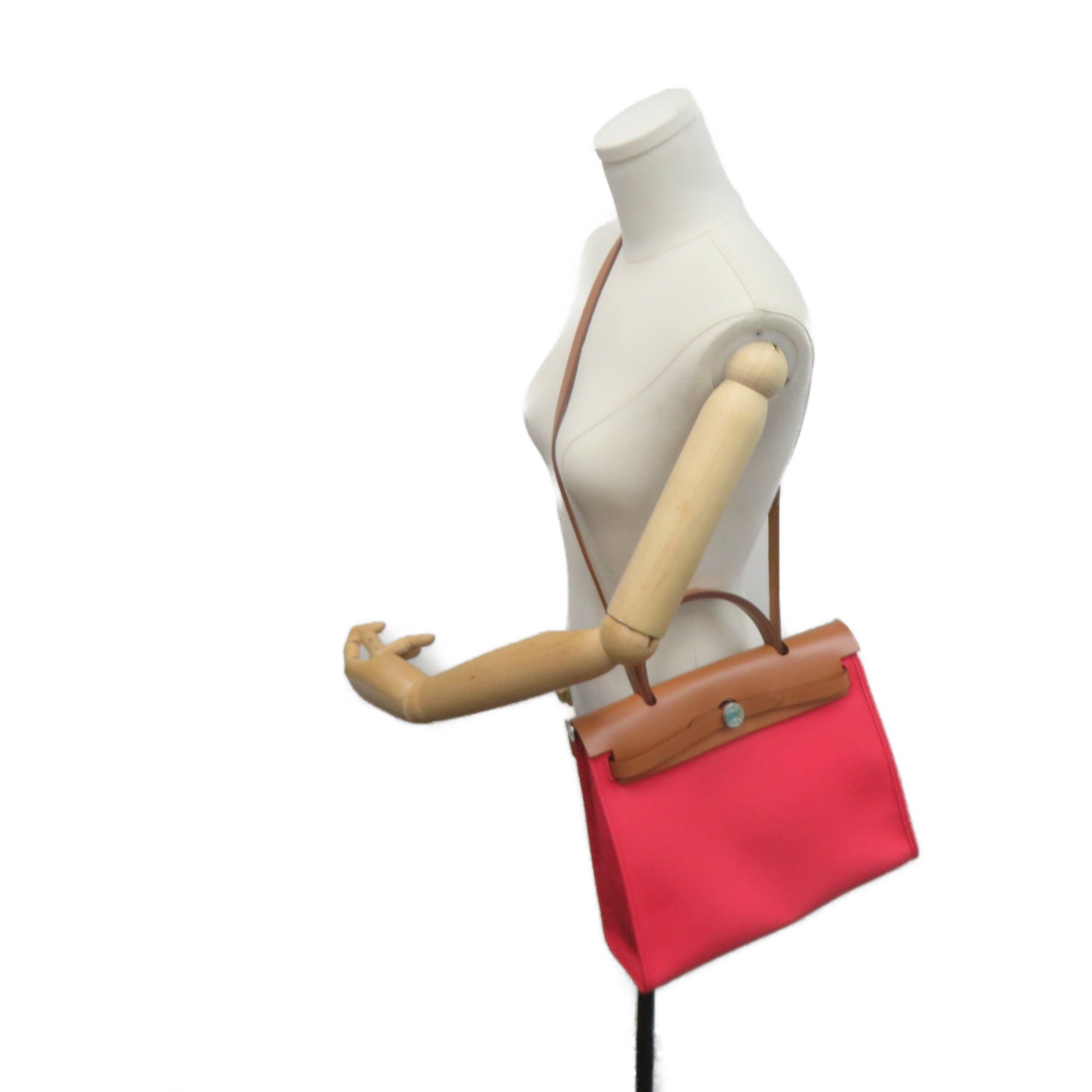 HERMES 帆布Herbag PM銀扣手挽肩背兩用袋紅色/棕色