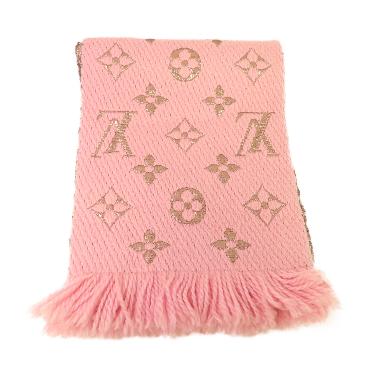 LOUIS VUITTON 羊毛/絲質Logomania Shine Scarf圍巾粉紅色/金色