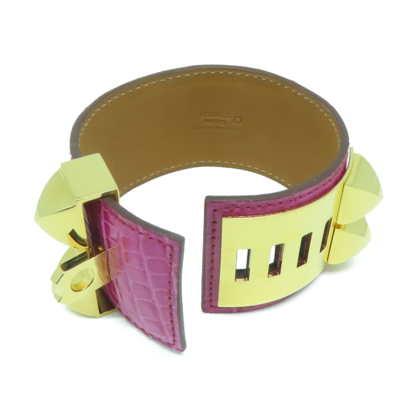HERMES 鱷魚皮革CDC Bracelet金扣手鐲Rose Scheherazade天方夜譚紫色
