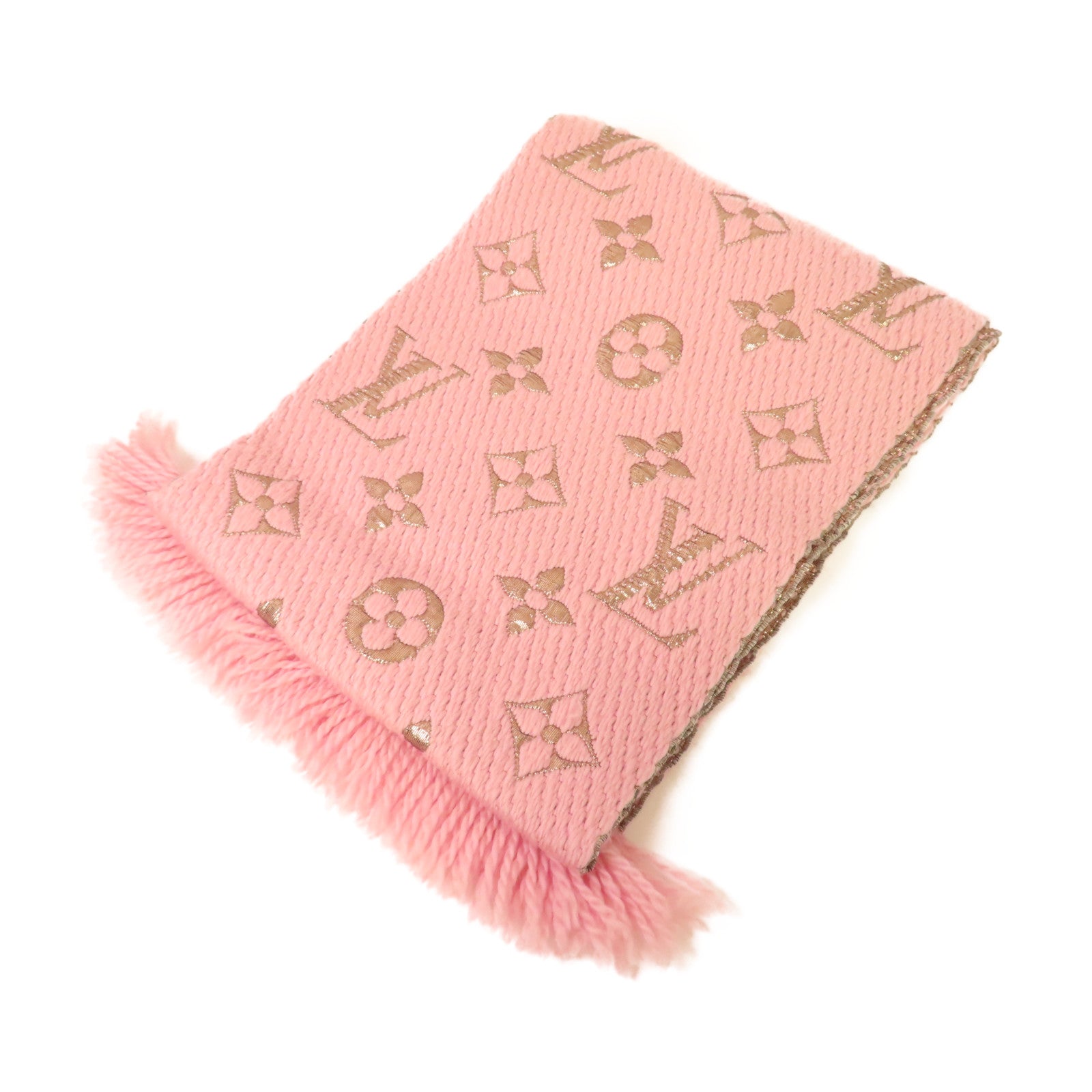LOUIS VUITTON 羊毛/絲質Logomania Shine Scarf圍巾粉紅色/金色