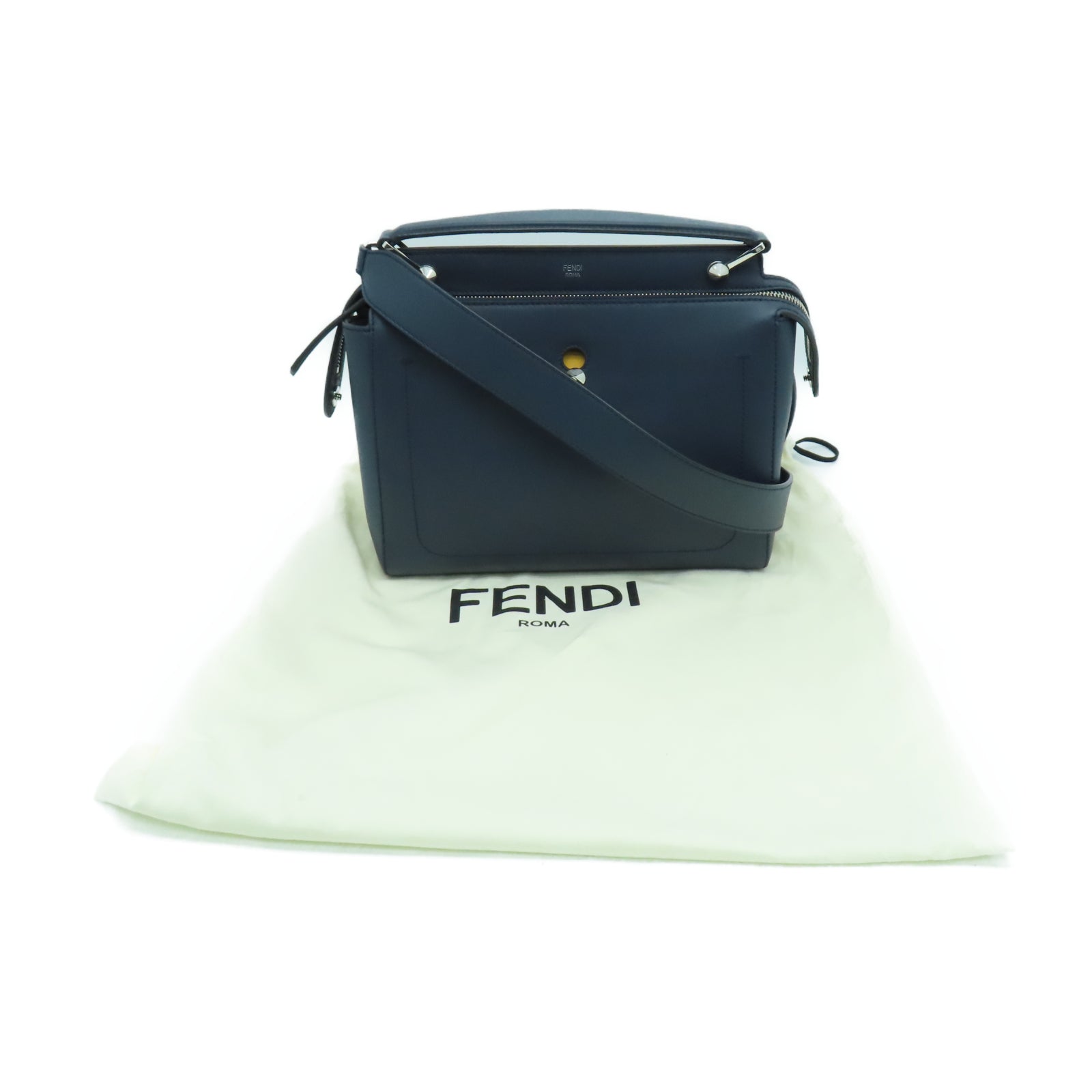 FENDI Cowhide Leather Dotcom Silver Buckle Handle Shoulder Bag Blue