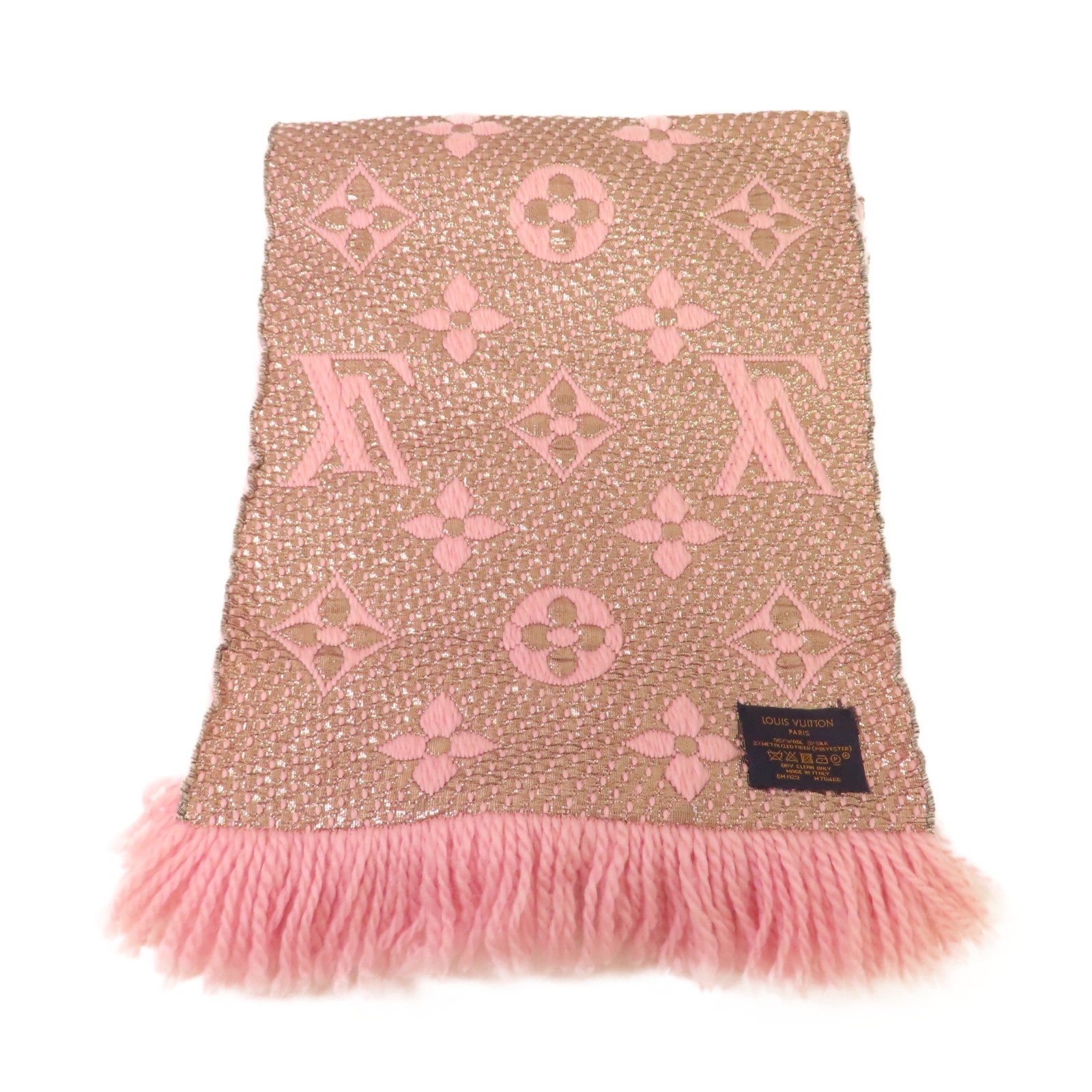 LOUIS VUITTON 羊毛/絲質Logomania Shine Scarf圍巾粉紅色/金色