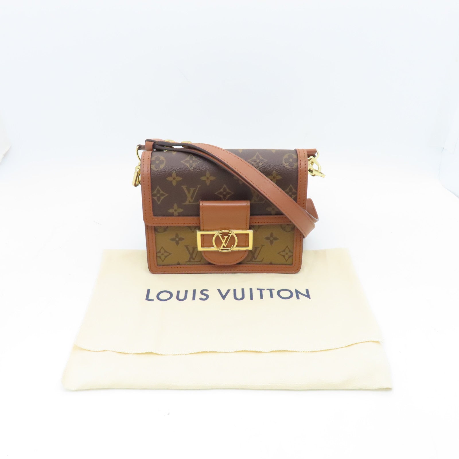 LOUIS VUITTON Monogram Reverse Mini Dauphine Gold Buckle Shoulder Bag Brown