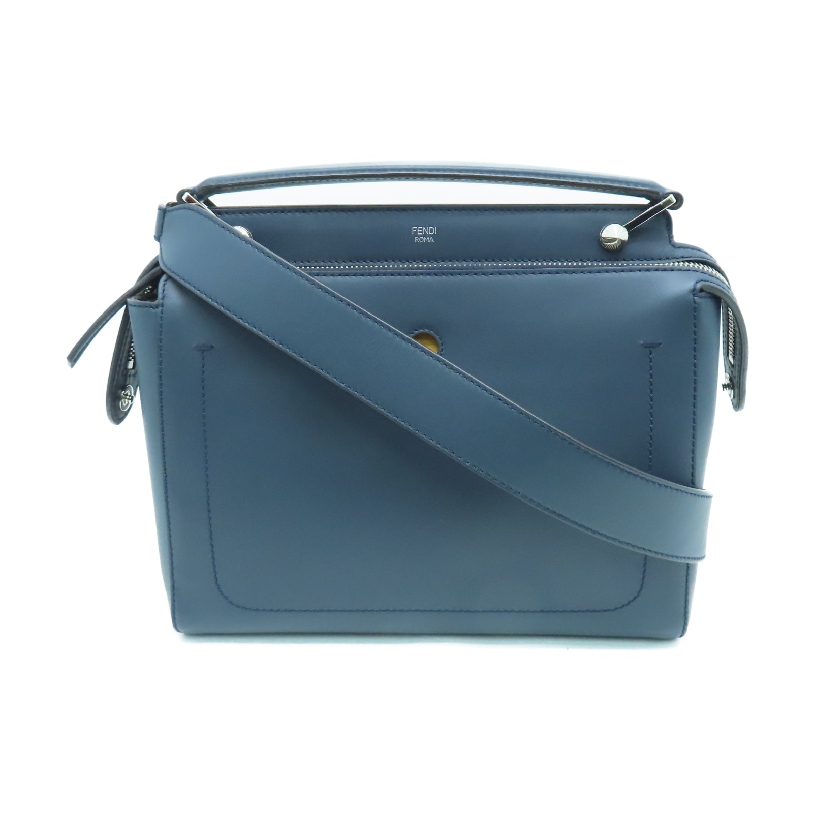 FENDI Cowhide Leather Dotcom Silver Buckle Handle Shoulder Bag Blue