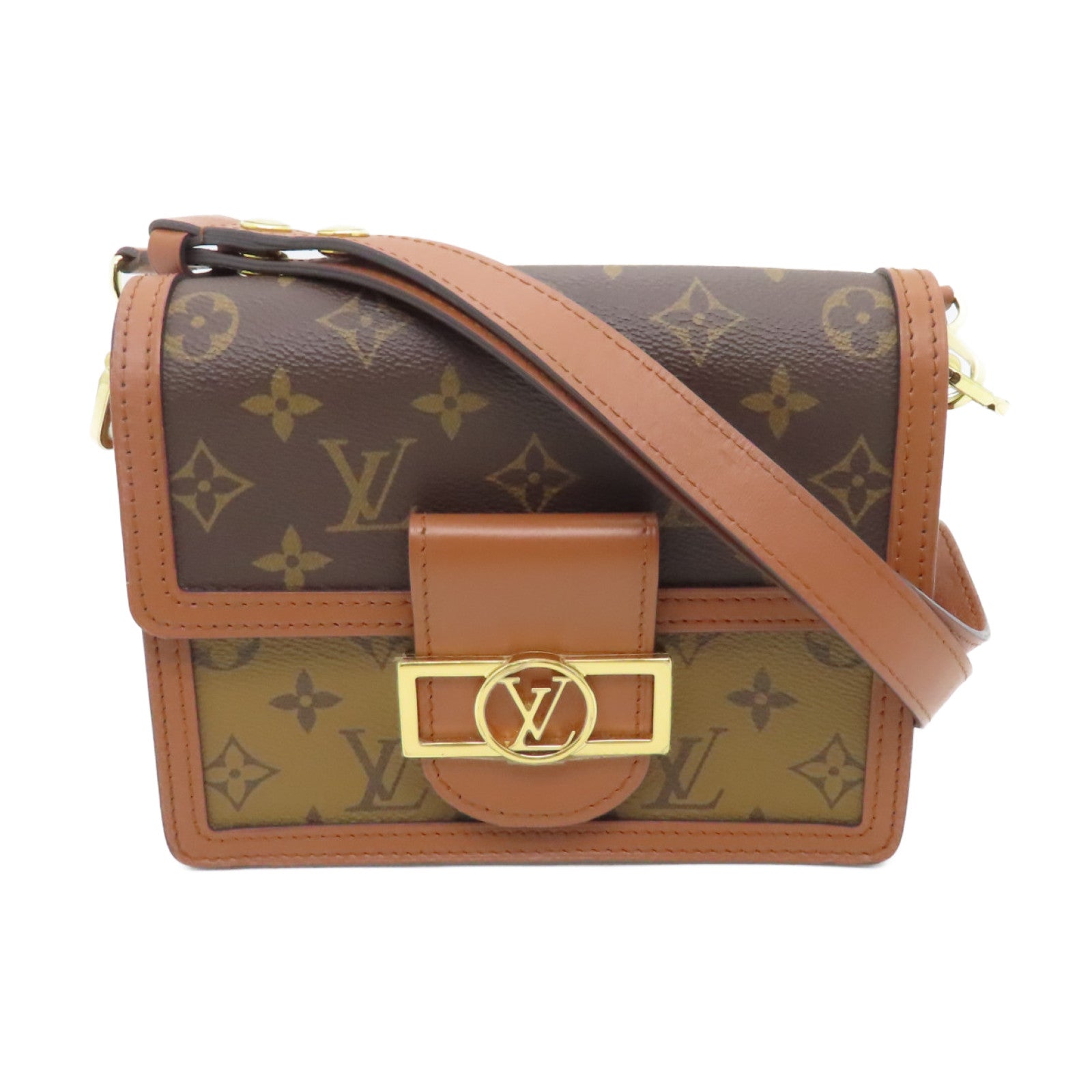 LOUIS VUITTON Monogram Reverse Mini Dauphine Gold Buckle Shoulder Bag Brown