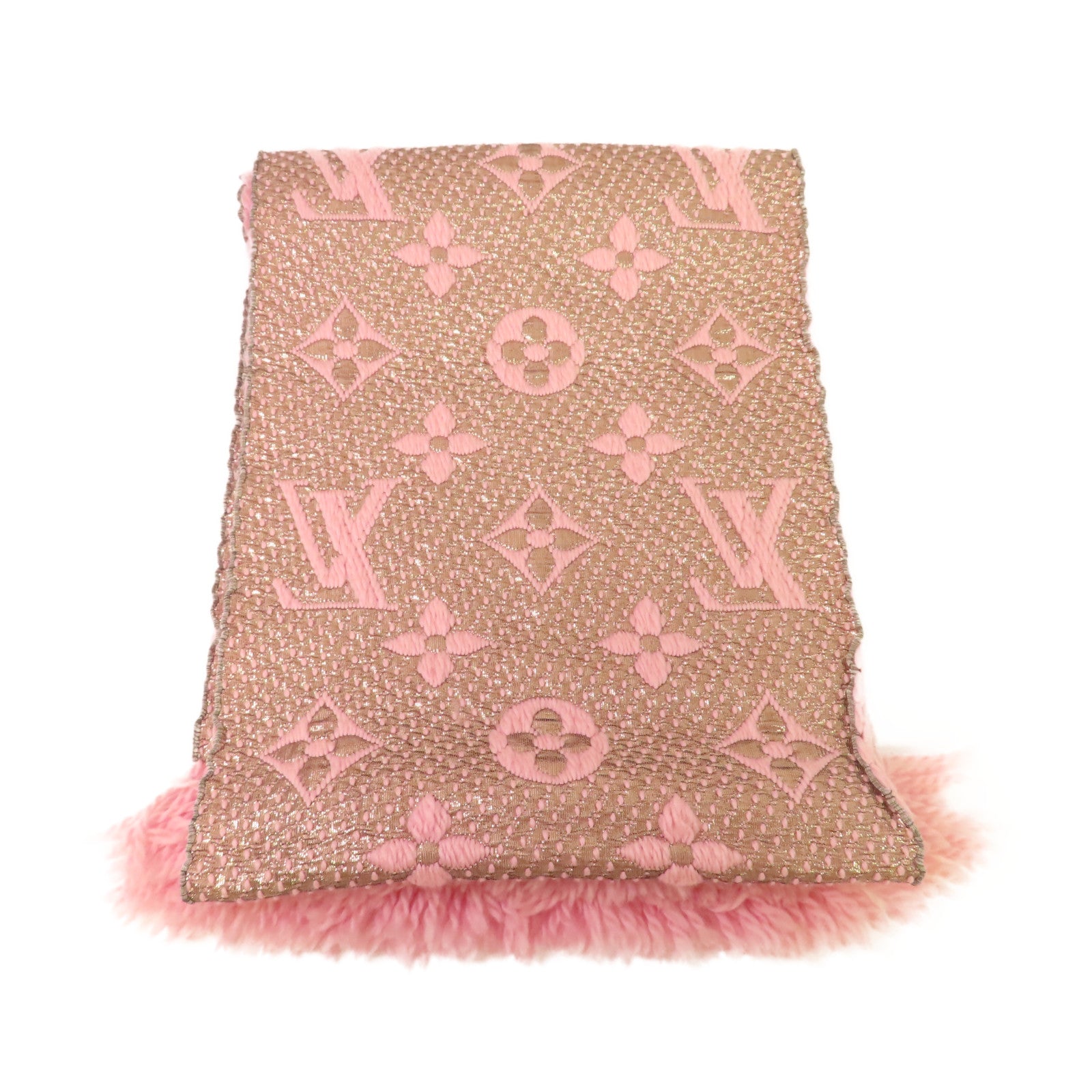 LOUIS VUITTON 羊毛/絲質Logomania Shine Scarf圍巾粉紅色/金色