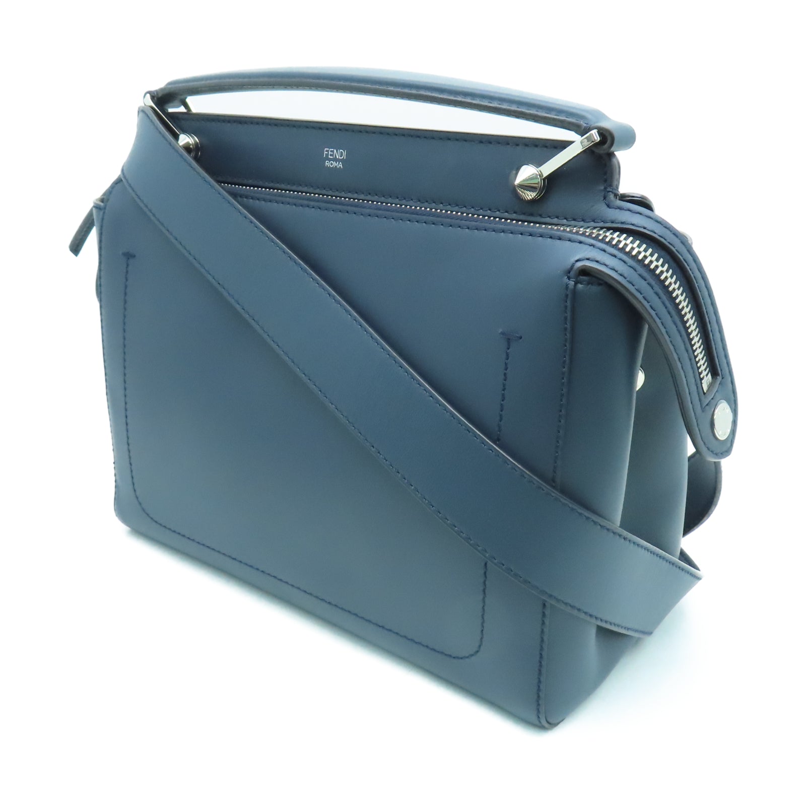 FENDI Cowhide Leather Dotcom Silver Buckle Handle Shoulder Bag Blue