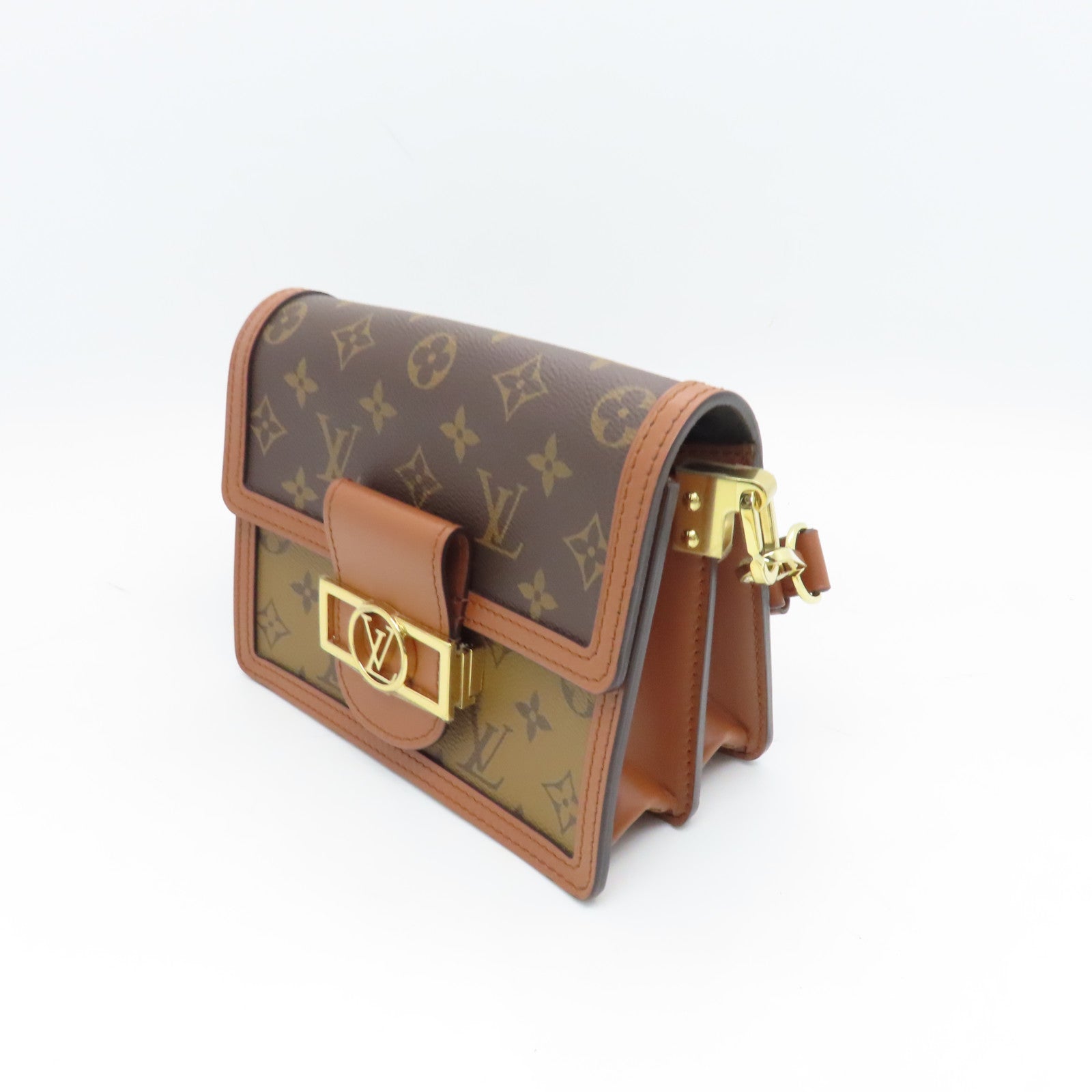 LOUIS VUITTON Monogram Reverse Mini Dauphine Gold Buckle Shoulder Bag Brown