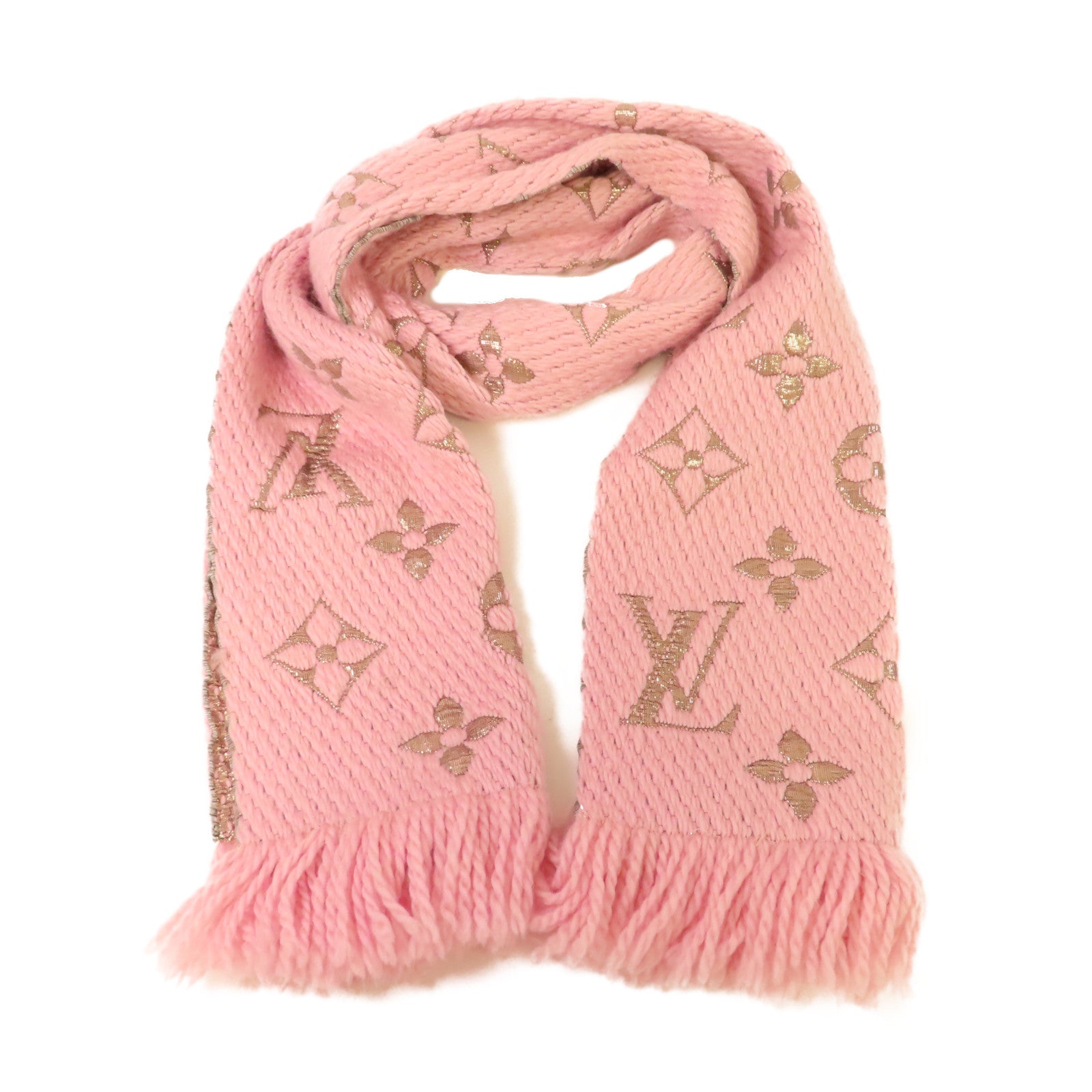 LOUIS VUITTON 羊毛/絲質Logomania Shine Scarf圍巾粉紅色/金色