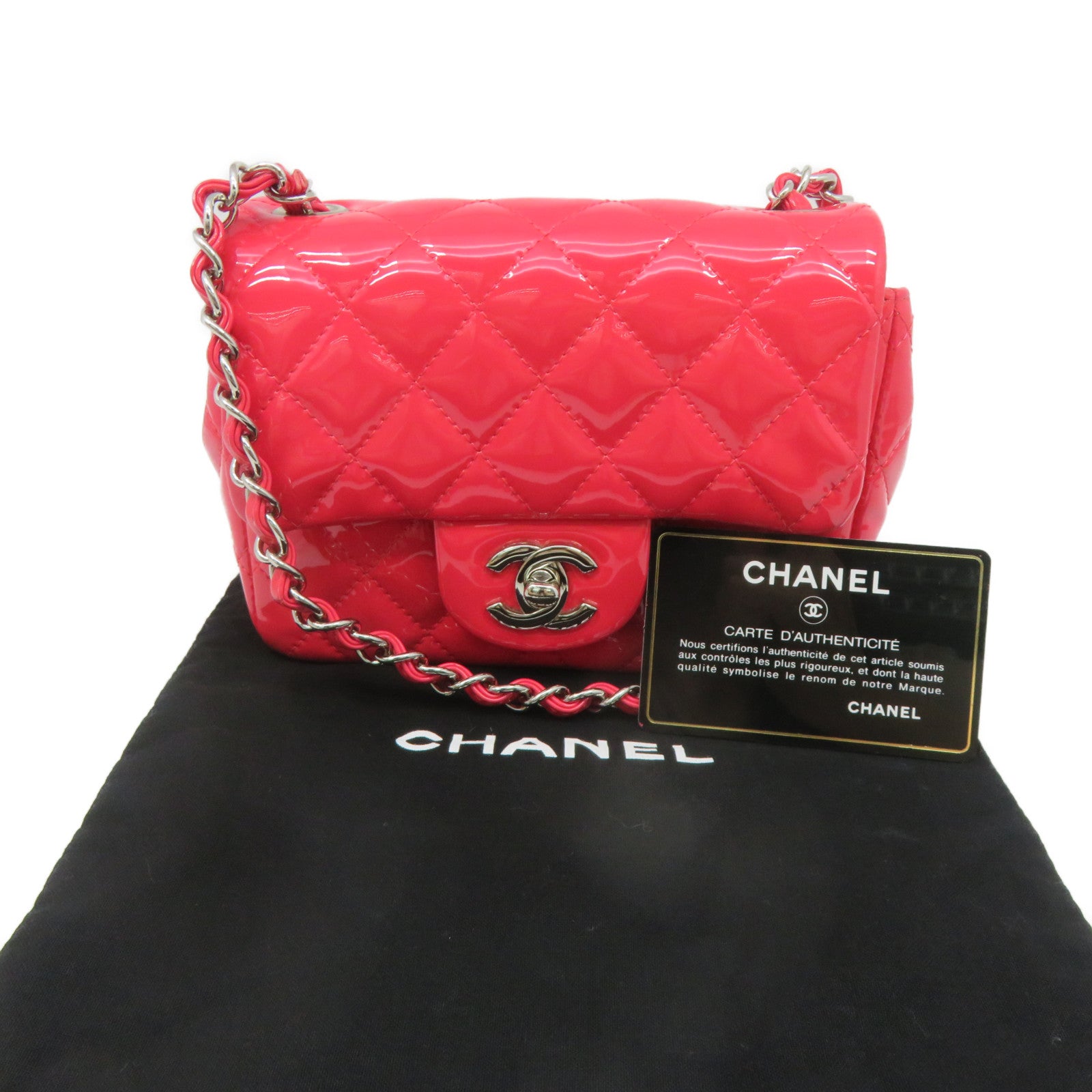 CHANEL 【激减优惠】菱格漆皮皮革Chain Shoulder银扣链带肩背袋粉红色