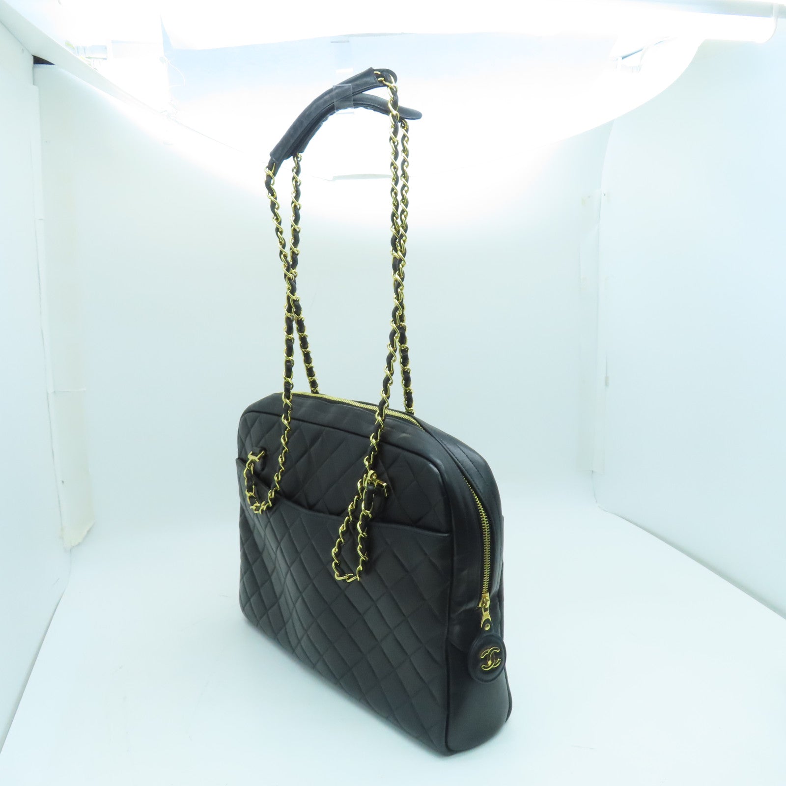 CHANEL 菱格羊皮皮革Chain Shoulder金扣肩背袋黑色