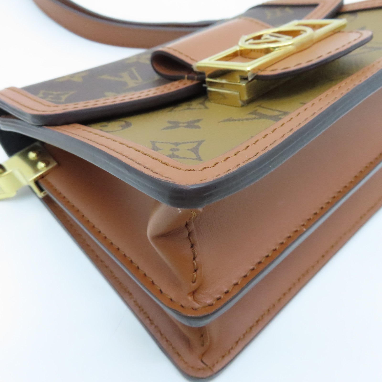 LOUIS VUITTON Monogram Reverse Mini Dauphine Gold Buckle Shoulder Bag Brown