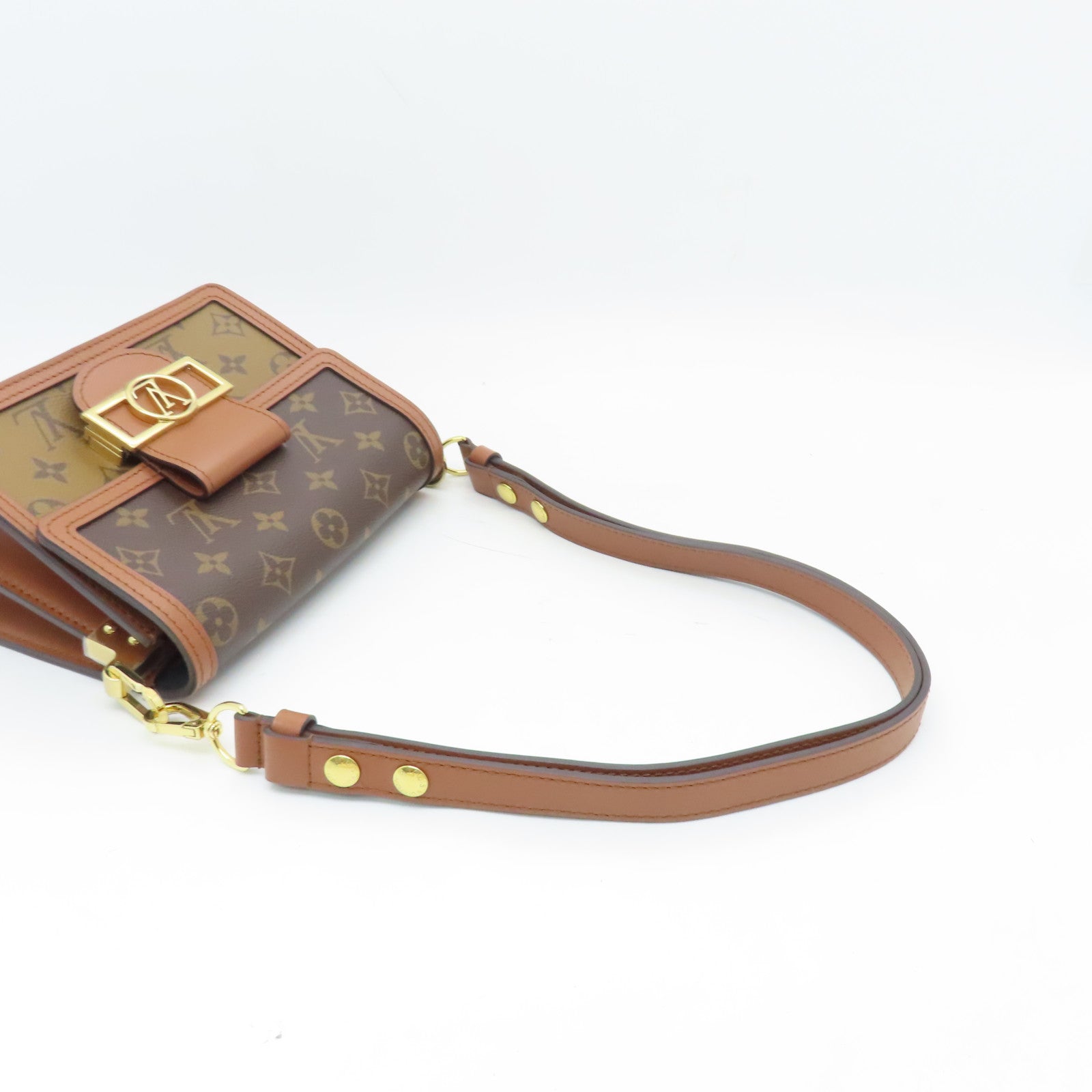 LOUIS VUITTON Monogram Reverse Mini Dauphine Gold Buckle Shoulder Bag Brown